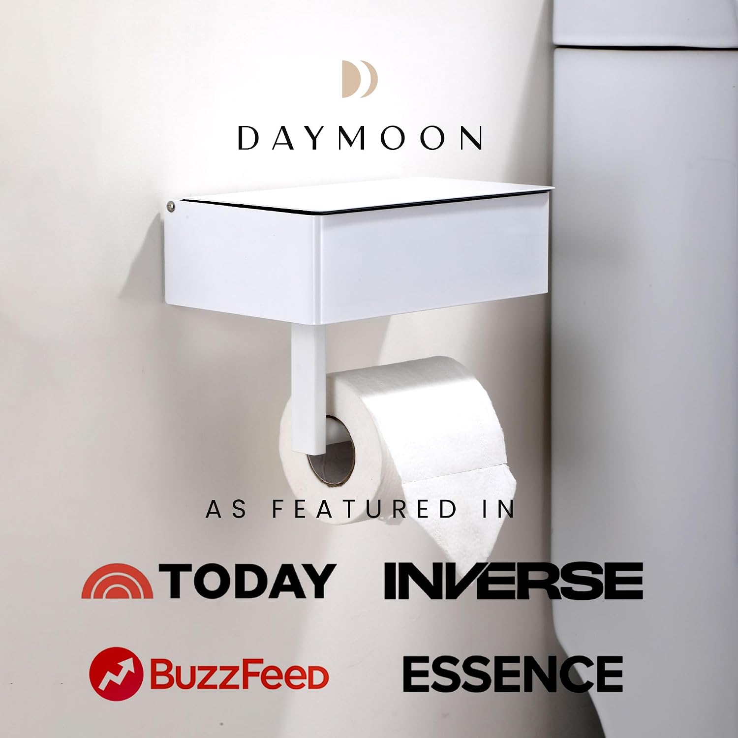 Day Moon™ - Toilet Paper Holder with Shelf - Modern Roll Holder for Bathroom - 1 Pack - Wall Mount - with Storage, White