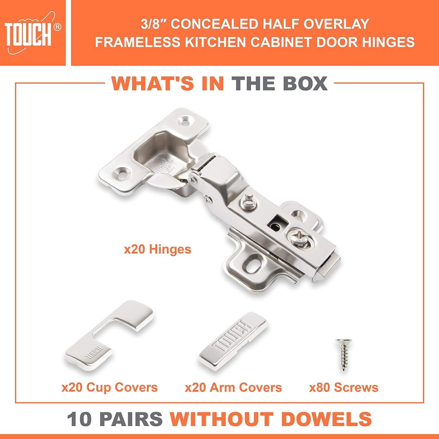 TOUCH Cabinet Hinges (10 Pairs, 20 PCS) Frameless Cupboard Door Hinge 3/8" Inch Half Overlay Concealed European Clip-On Hinges for Kitchen Cabinet 3-Way Adjustable with Screws