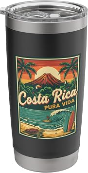 Costa Rica Pura Vida Vintage Surfer Volcano Turtle Stainless Steel Insulated Tumbler