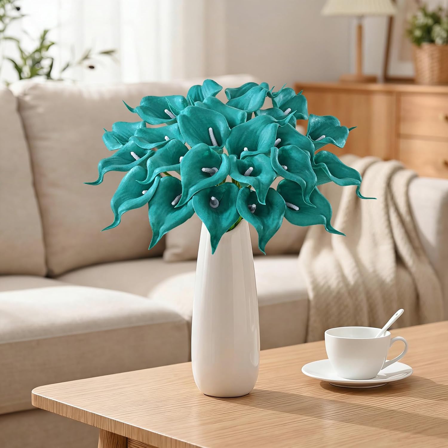 Yastouay 36 Pcs Calla Lily Artificial Flowers, Real Touch Teal Blue Artificial Flowers Wedding Bouquet, Real Look Fake Flowers for Wedding Home Indoor Outdoor Centerpiece Decor