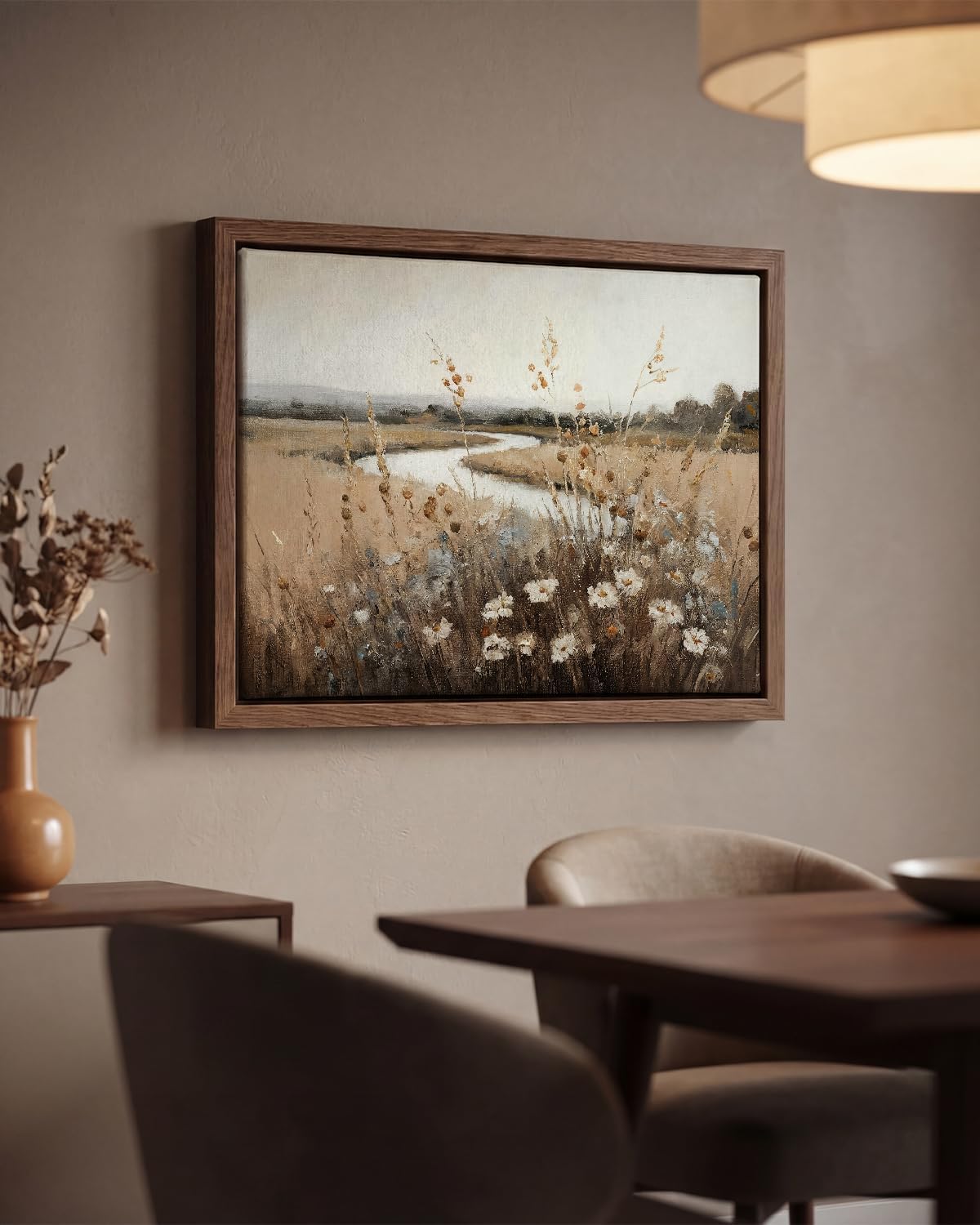 Landscape Framed Canvas Wall Art 16x12 Inch – Neutral River Meadow Painting with Wildflowers – Vintage Coastal Farmhouse Wall Decor for Living Room Bedroom Bathroom