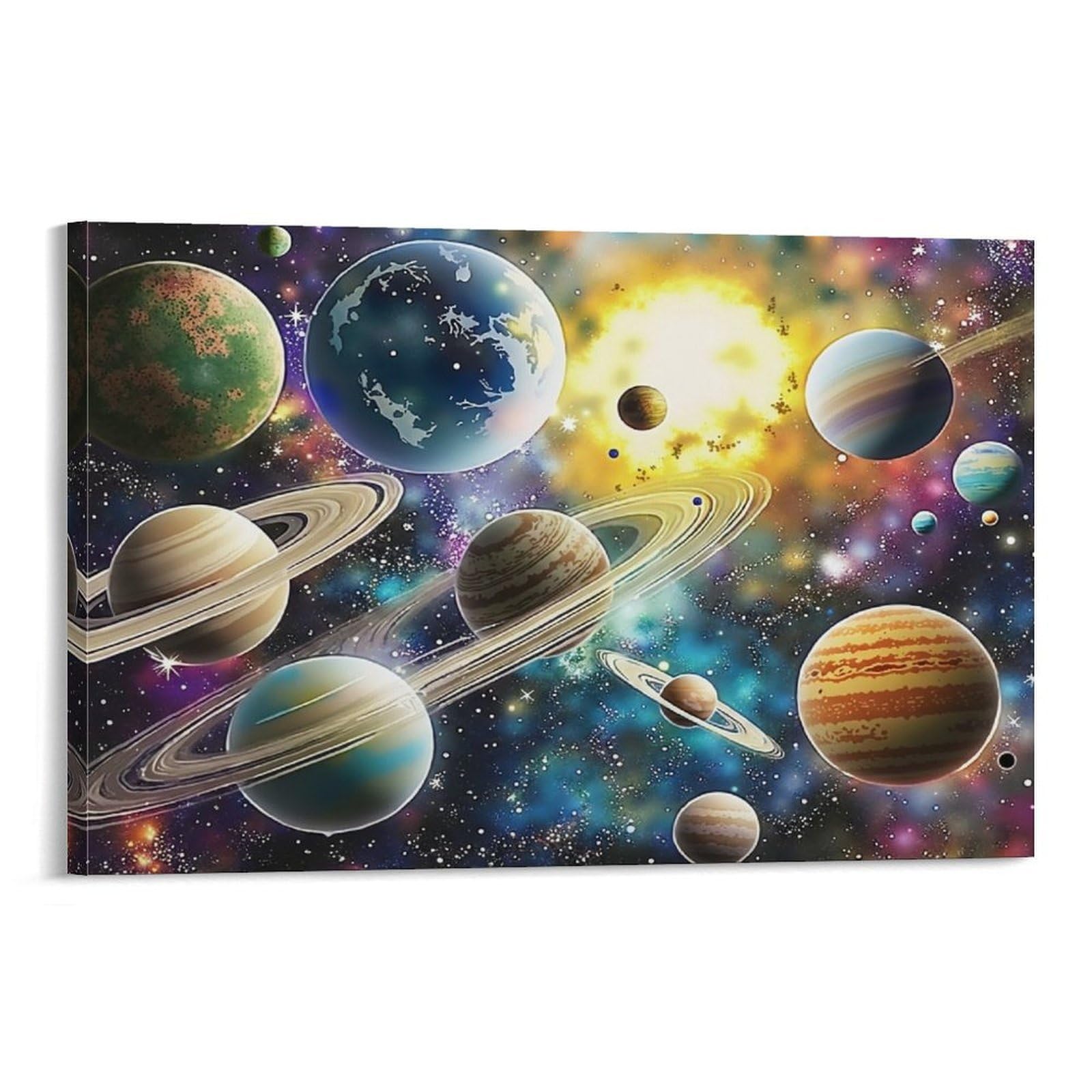 CPLVKWRQJ Solar System Art 1 Piece Ringed Planets Around Bright Glowing Star Canvas Art Decor - Bedroom Nursery Wall Hanging Space Saving Ready to Hang 16x24inch(40x60cm)