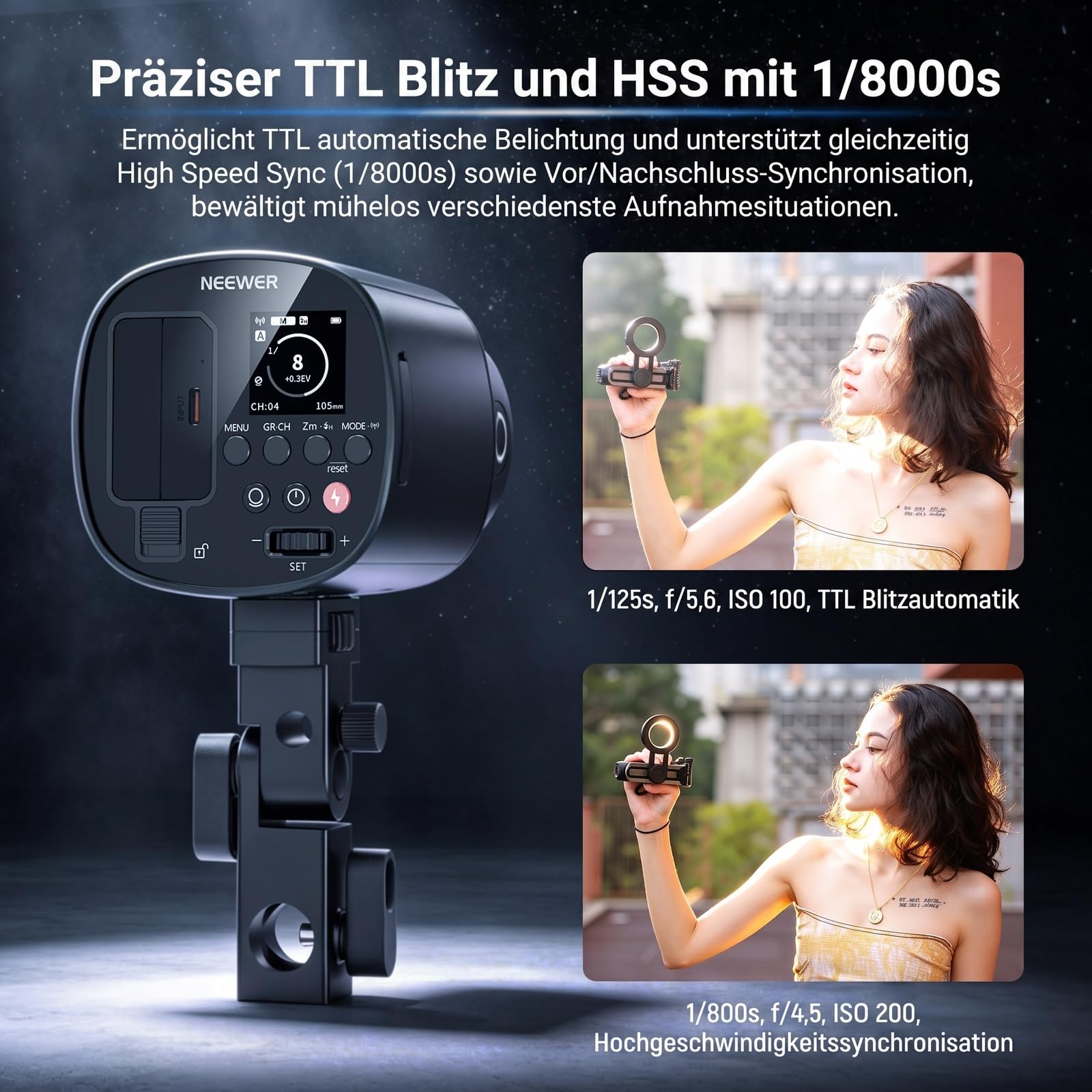 NEEWER 120Ws 2,4G TTL Outdoor Blitzgerät, kompatibel mit Godox, 1/8000s HSS Tragbares Studio Monolight mit Einstelllicht / 3000mAh Akku / 420 Blitze / 1,5s Blitzladezeit für Fotoshootings, Q120