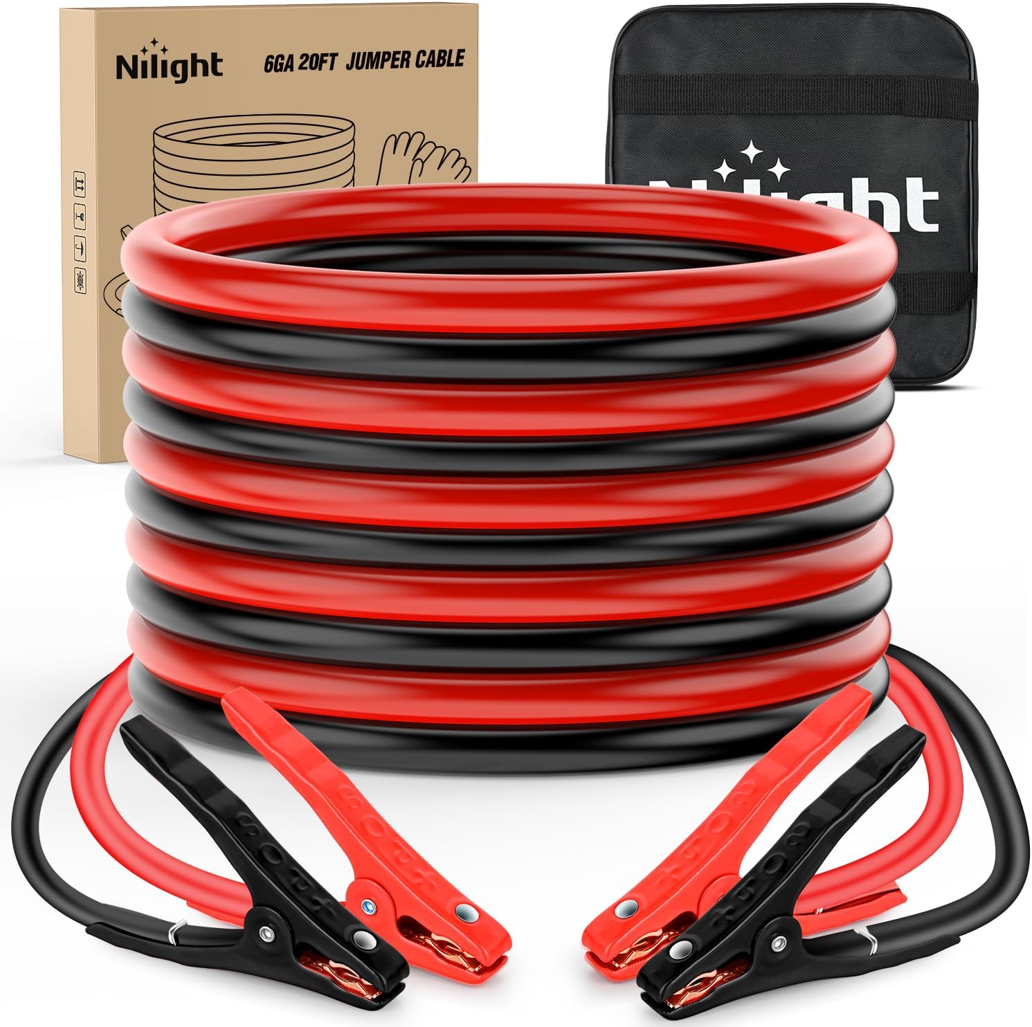 Nilight Jumper Cables for Car Battery 6 Gauge 20 FT Booster Cable Heavy Duty 450 A CCA with Carrying Bag Jump Start Emergency Kit Pickup Vans SUV Sedan Motorcycle