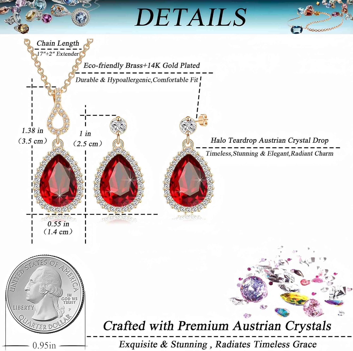 Austrian Crystals Teardrop Pendant Necklace Earrings for Women 14K Gold Plated Hypoallergenic Jewelry Set - Image 4