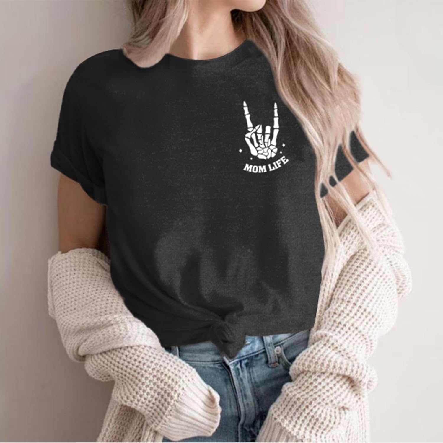 Mama Shirts for Women Mom Shirt Mom Life Crewneck T-Shirts Funny Mama Skeleton Rocker Graphic Tee Summer Pullove Tops - Image 3