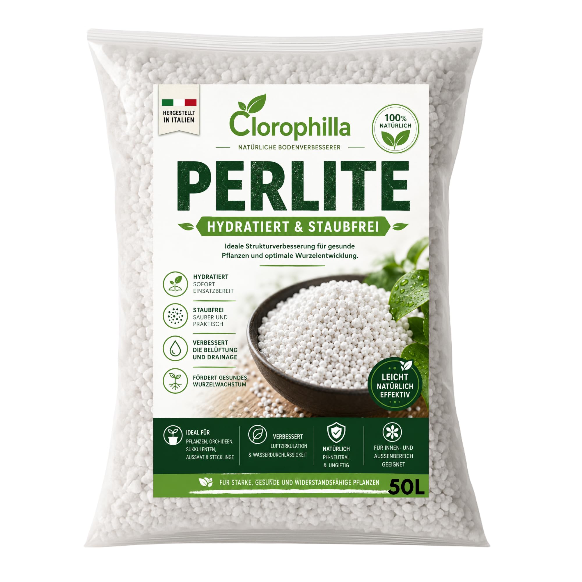 CLOROPHILLA Expandierte Perlite – Staubfrei & Angefeuchtet – Premium Perlite für Pflanzen, Aussaaterde, Hydrokultur, Zimmerpflanzen und Garten 50L