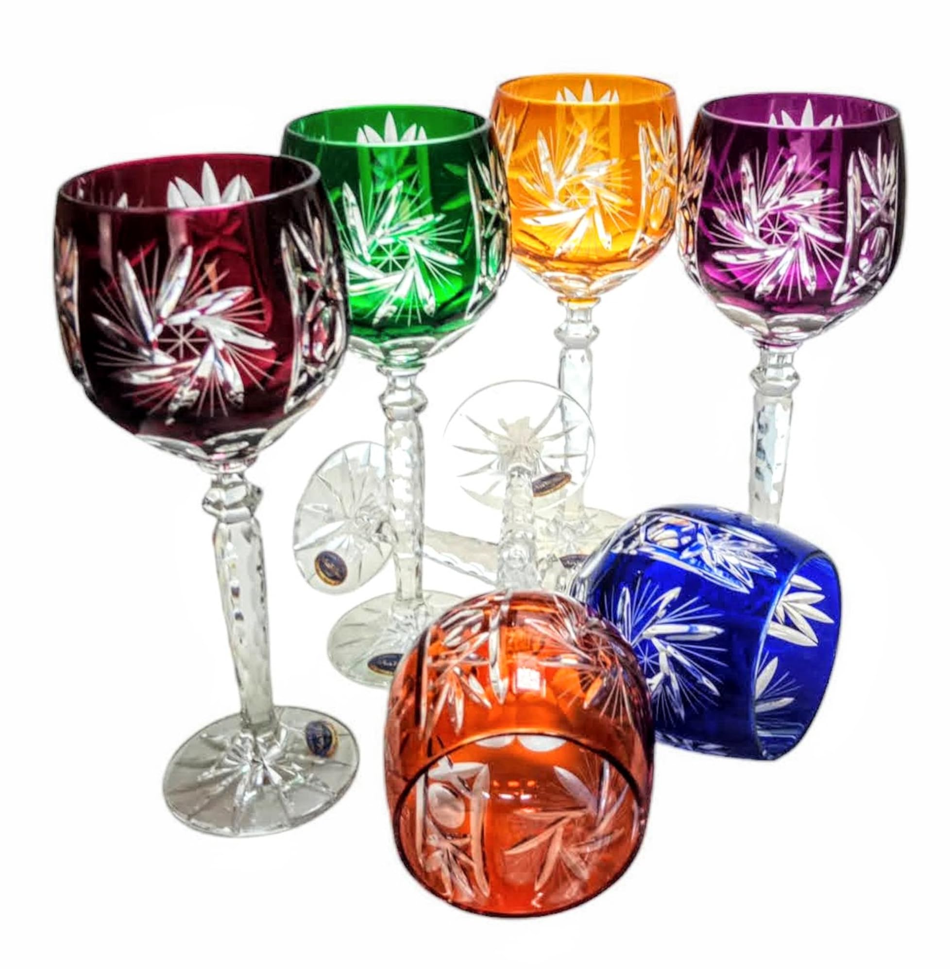 MaRika Lot de 6 verres à vin en cristal, 280 ml, multicolores, faits à la main, parfaits pour le vin rouge et le vin blanc, idée cadeau