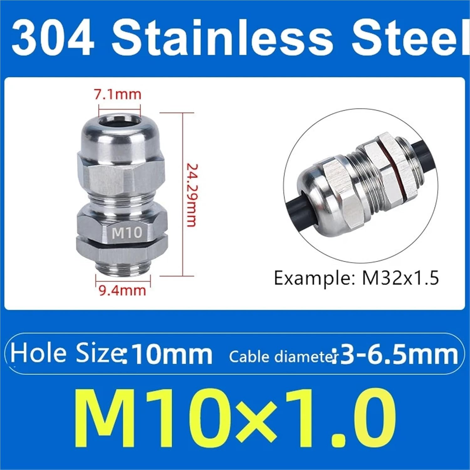 1Pcs Waterproof Cable Gland 304 Stainless Steel Glands IP68 PG7 PG9 M12 M16 Metal Joint PG13.5 M20*1.5 Cable Fixing(M10x1.0 fit 3-6.5mm)