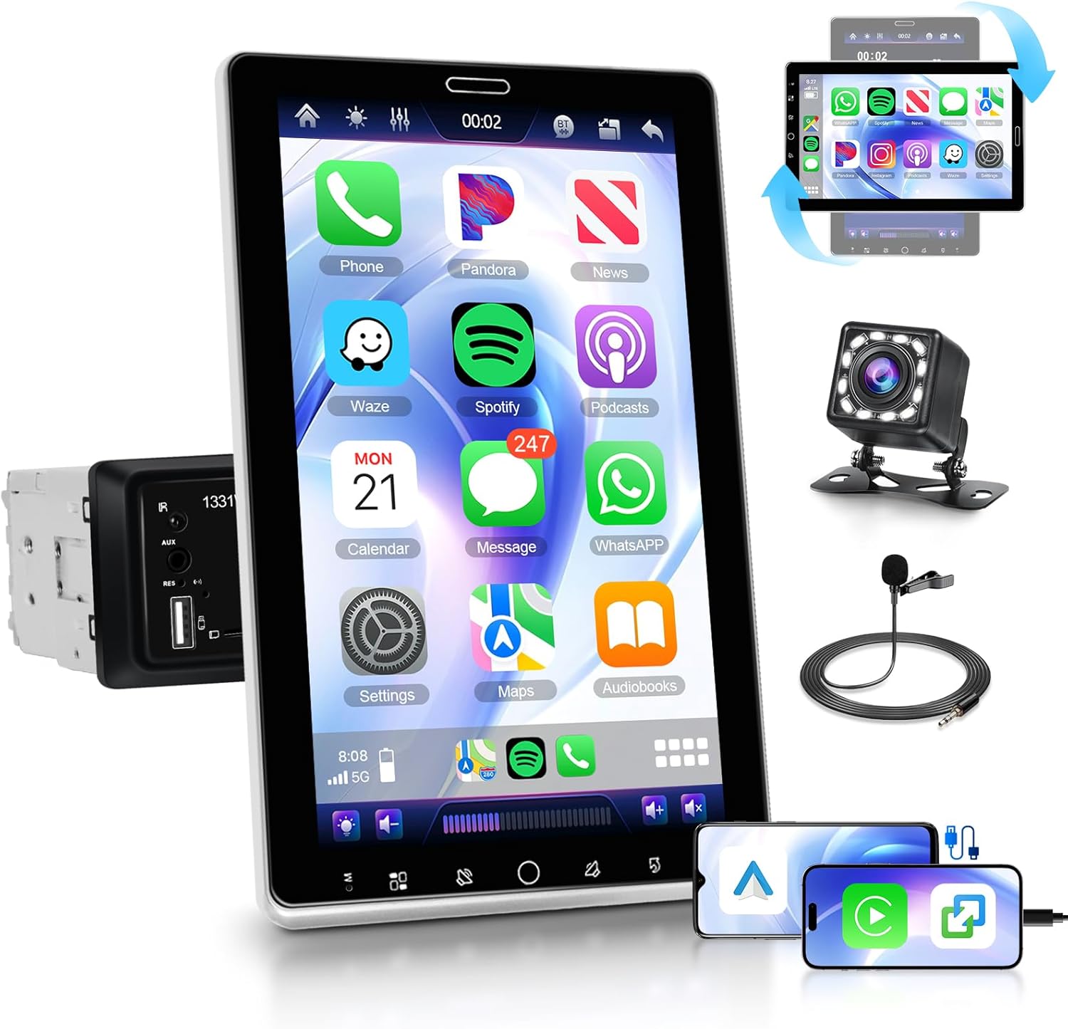 2025 Upgraded 10.1" Rotatable Touch Screen Single Din Car Stereo | Wireless CarPlay & Android Auto | AM FM | Bluetooth 5.2 | 16-Band EQ | Backup Camera | SWC/USB/TF/Mirror Link