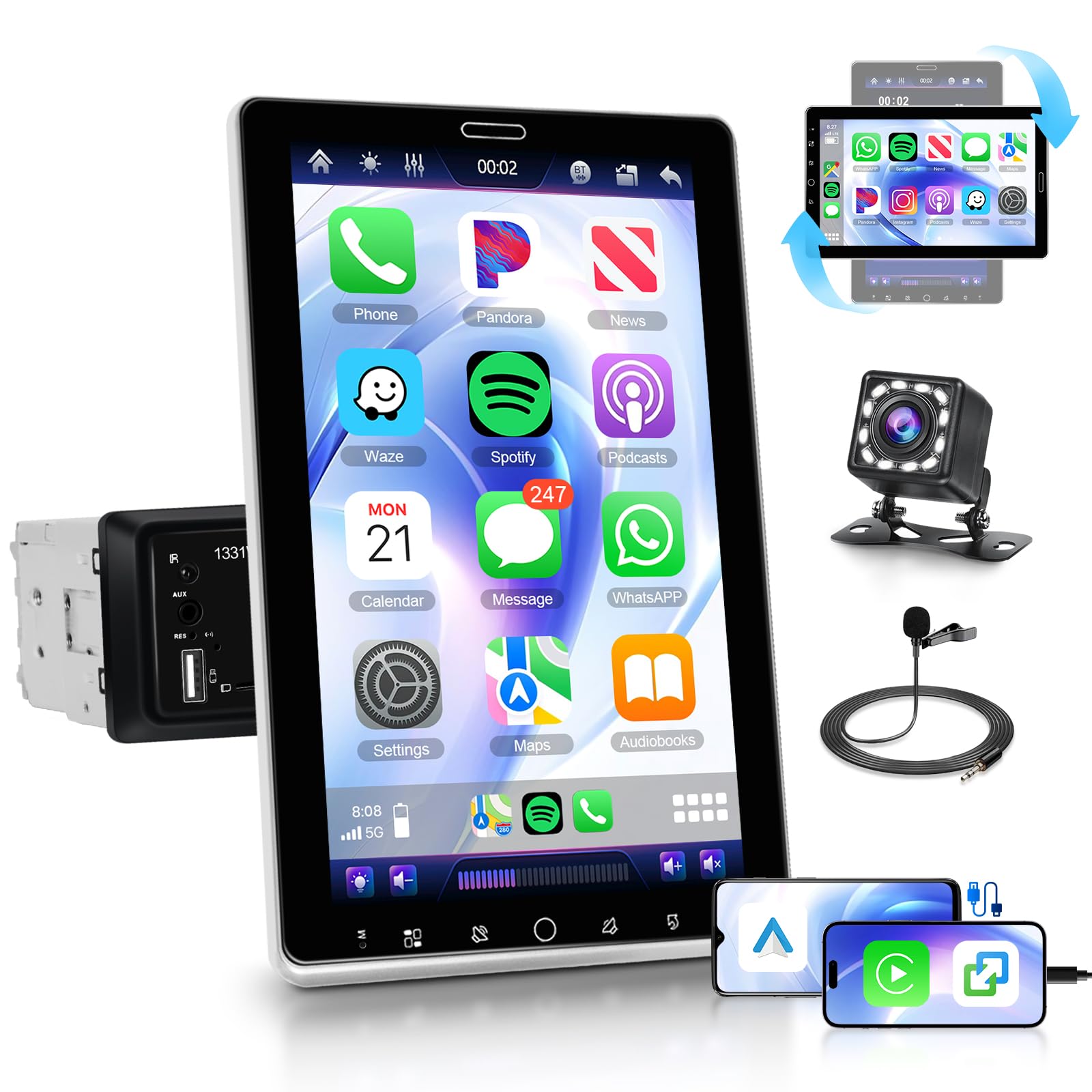 podofo 2026 Upgraded 10.1" Rotatable Touch Screen Single