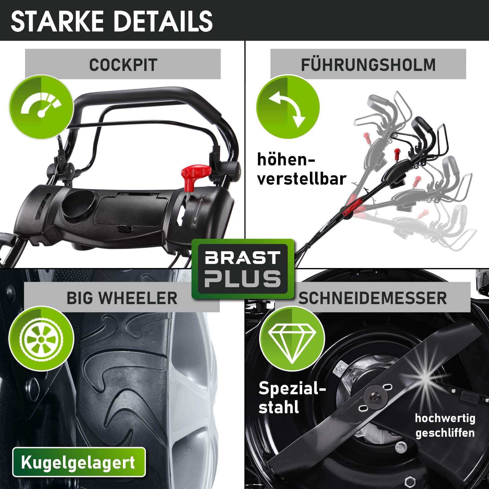 BRAST Benzin Rasenmäher mit Antrieb | 3,5kW(4,76PS) | 46cm Schnittbreite | viele Modelle | TÜV | 4 Takt OHV Motor | 30-80mm Schnitthöhe | 60L Fangkorb | Stahlgehäuse | 18170