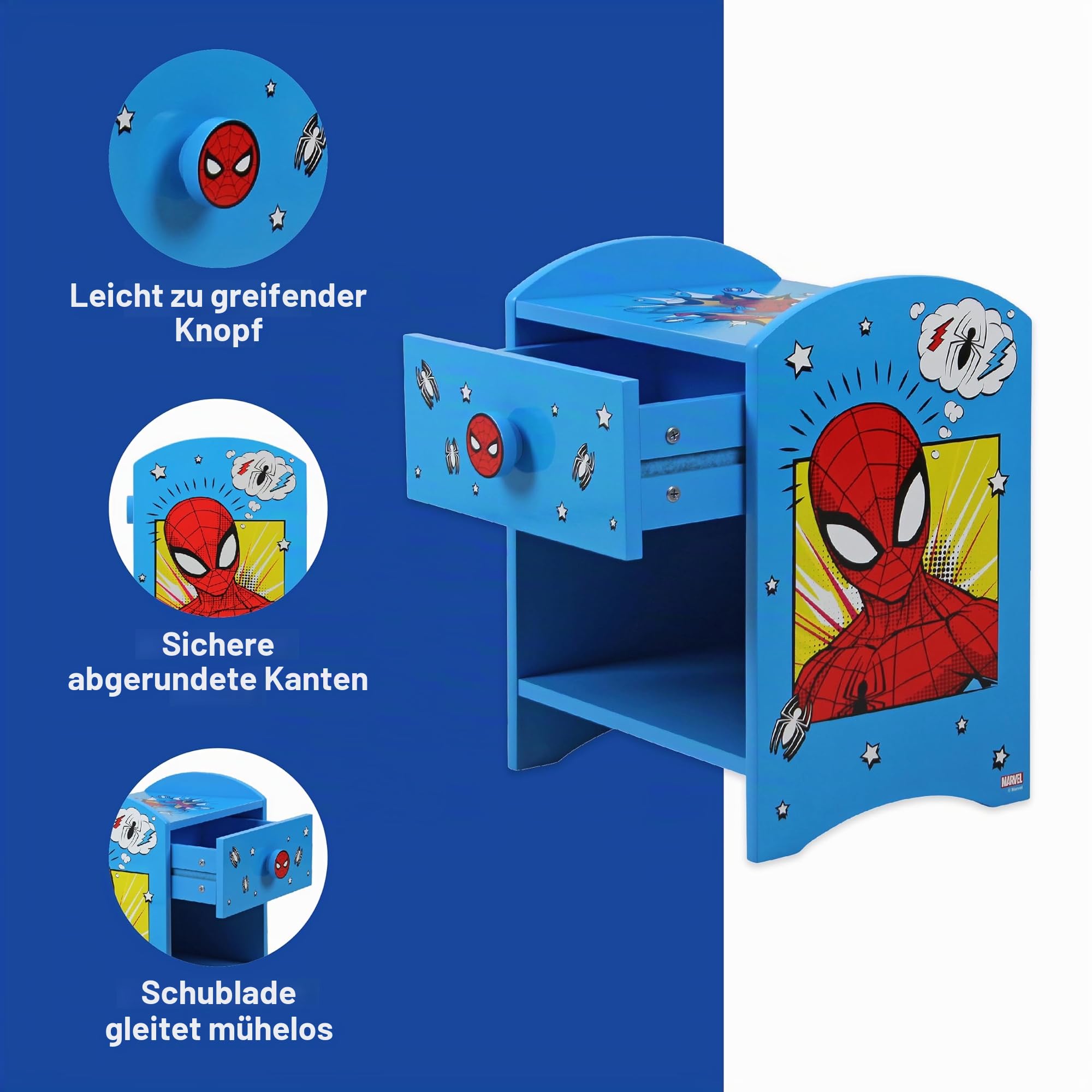 Spider-Man Nachttisch, stabile Holzwerkstoff-Konstruktion mit 2-stöckigem Design für reichlich Stauraum, kleiner Beistelltisch mit Schublade und Ablagefach für Kinderzimmer
