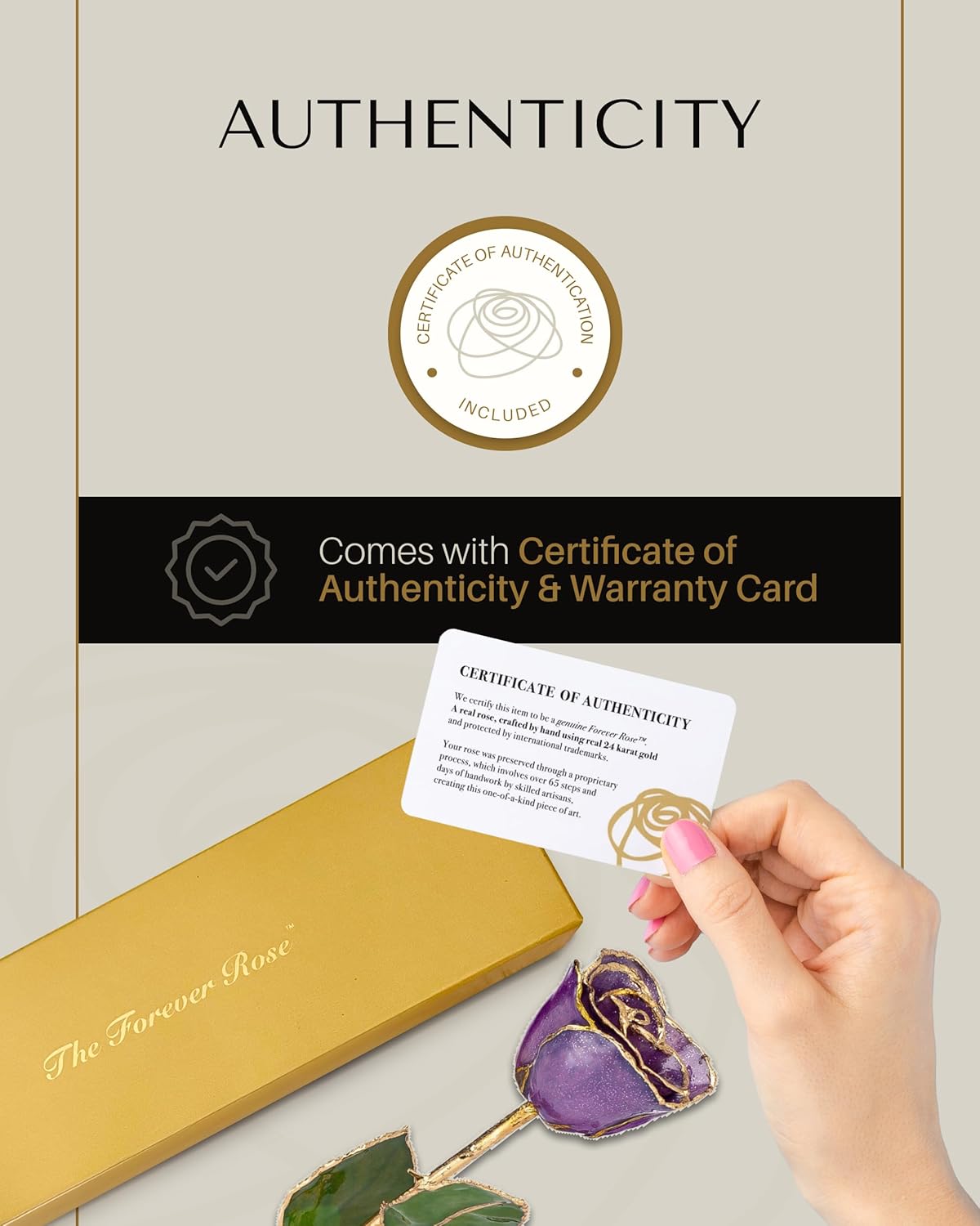 Forever Rose Hand-Dipped in 24K Gold, Amethyst-Inspired February Birthstone with Sparkles, Real Rose in Luxury Gold Gift Box & Clear Glass Bud Vase – Perfect Ready for February Birthday - Any Occasion