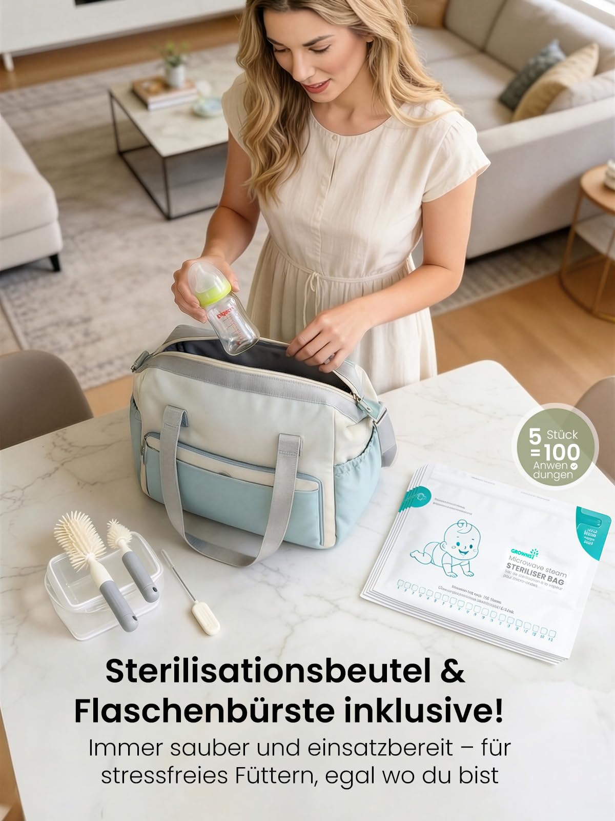 Grownsy Babyflaschen Sterilisator und Trockner, 3 Ebenen für 6-10 Flaschen, 8 Min Dampfsterilisation, BPA-frei, für Flaschen, Schnuller & Milchpumpenzubehör