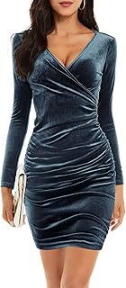 FENSACE Womens Wrap V Neck Long Sleeve Velvet Dress Cocktail Party Ruched Bodycon Dress