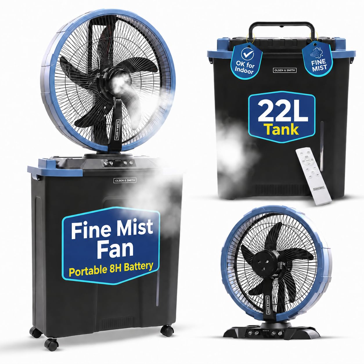 Olsen & Smith Large 16in Portable Cordless Cooling Misting Fan Rechargeable Oscillating Air Circulating Electric Floor Standing for Indoor Outdoor Home Bedroom Office Garden with Wheels Remote Control
