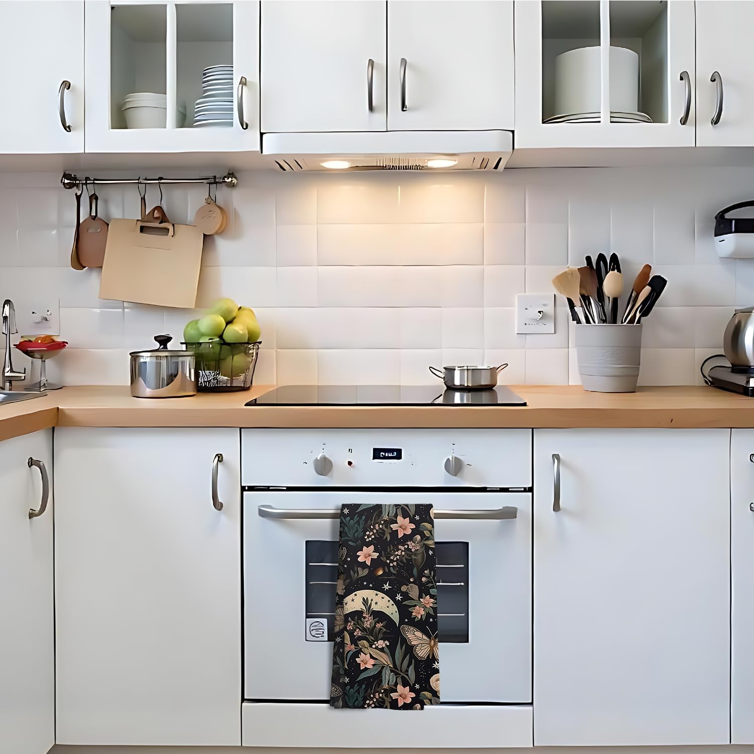 Mystical Gothic Witchy Floral Moth Moon Kitchen Towels, Vintage Boho Botanical Night Sky Dish Tea Towels, Dark Academia Cottagecore Hand Towels for Kitchen Bathroom, 16x24 Inch - Image 3