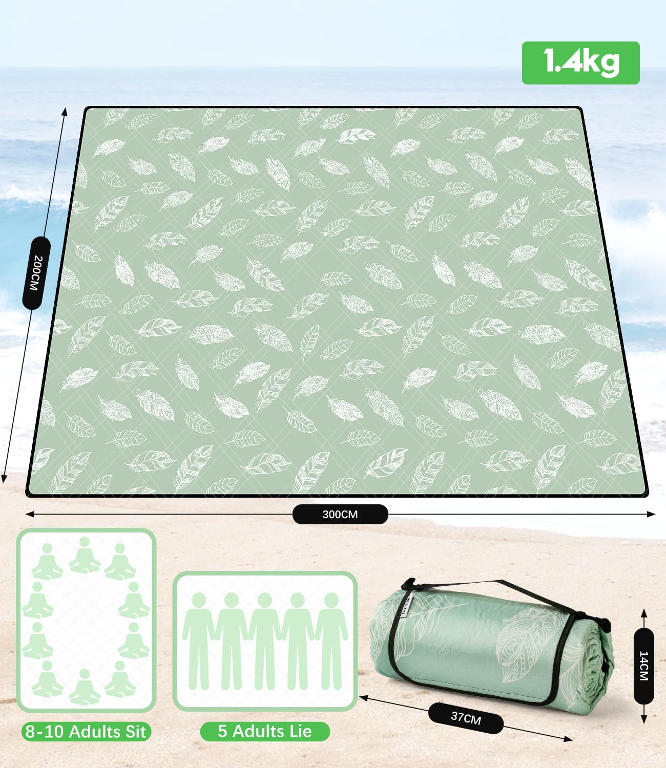 DEWUR Couverture Pique Niques Impermeable Lavable, Natte de Plage Tapis de Plage Tapis Picnic XXL (300 x 200 cm, Vert)