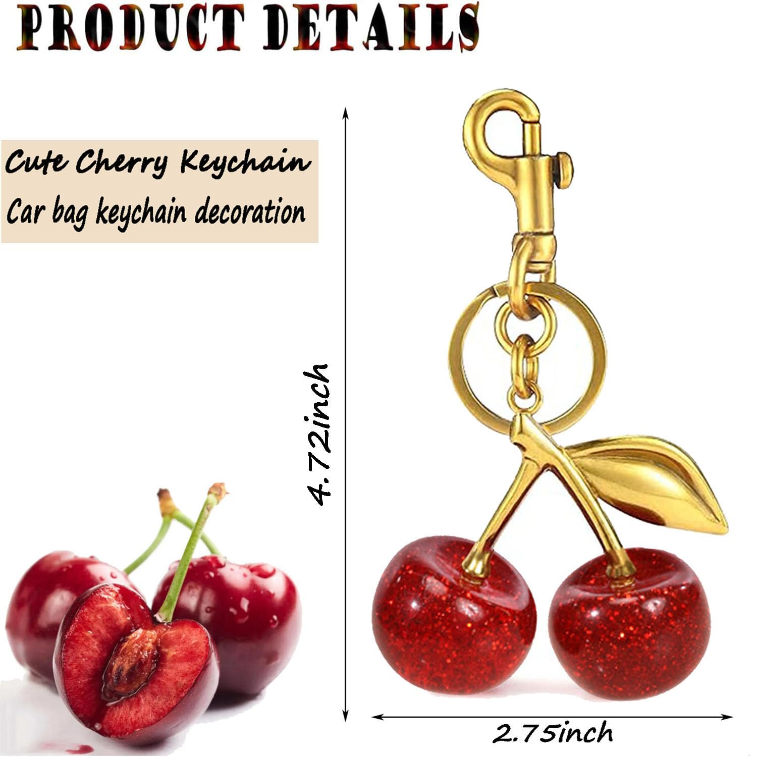 ZHLZTYYL 1 pcs Cherry Keychain,Glitter Cherry Bag Charm with Key Ring for Car Keys Charms,Cute Purse Charms for Handbags