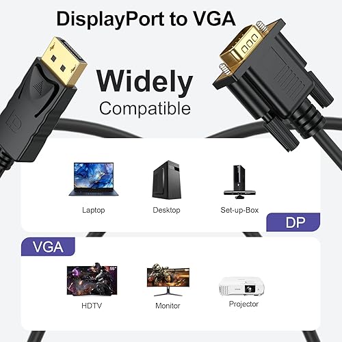 Miniatura 2 de Cable DisplayPort a VGA de 5 pies, paquete de 10 unidades, adaptador DP a VGA macho a macho chapado en oro para computadora, laptop, TV, proyector,