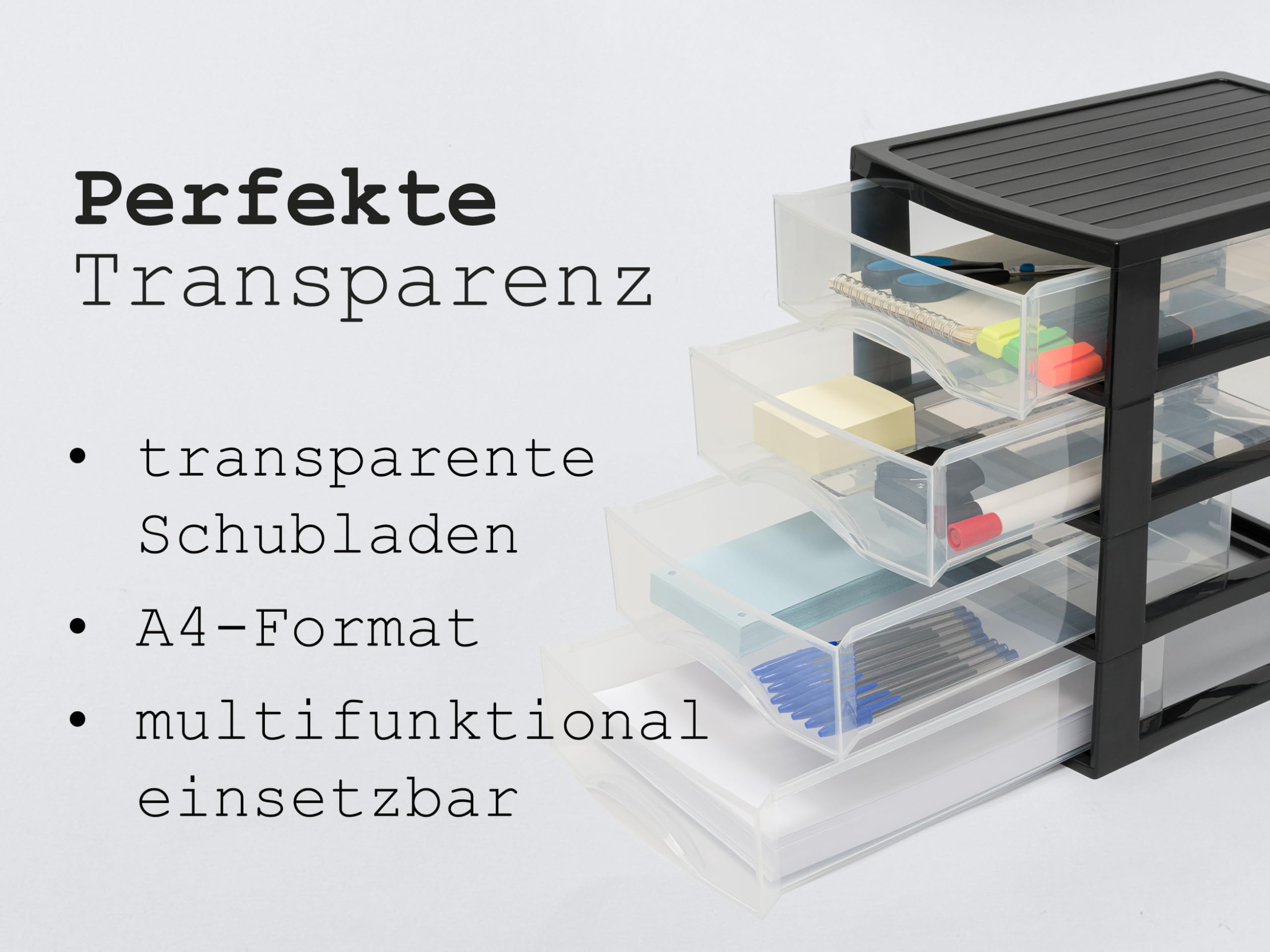 Hausfelder Schubladenbox A4, 3 Stück je 3 Schubladen, Schwarz Transparent | Set Schubladenboxen aus Kunststoff für Schreibtisch und Büro, stapelbar, DIN A4, inkl. Aufkleber