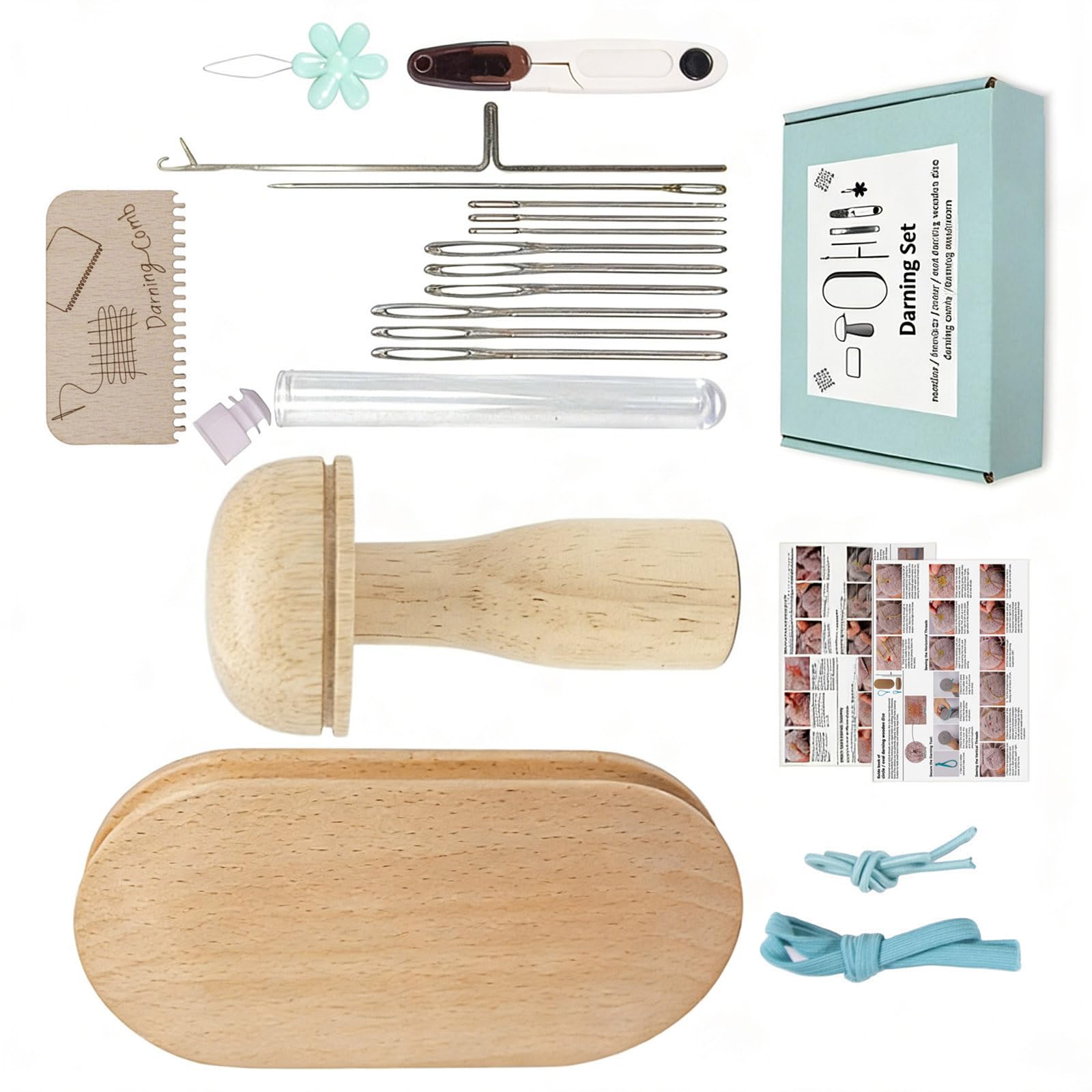 Tsophreniq Multipurpose Mending Tool Clothing Repair Set Elliptical Wood Darning with Big Eye Needle for Sweaters Socks Jeans Oval Darning