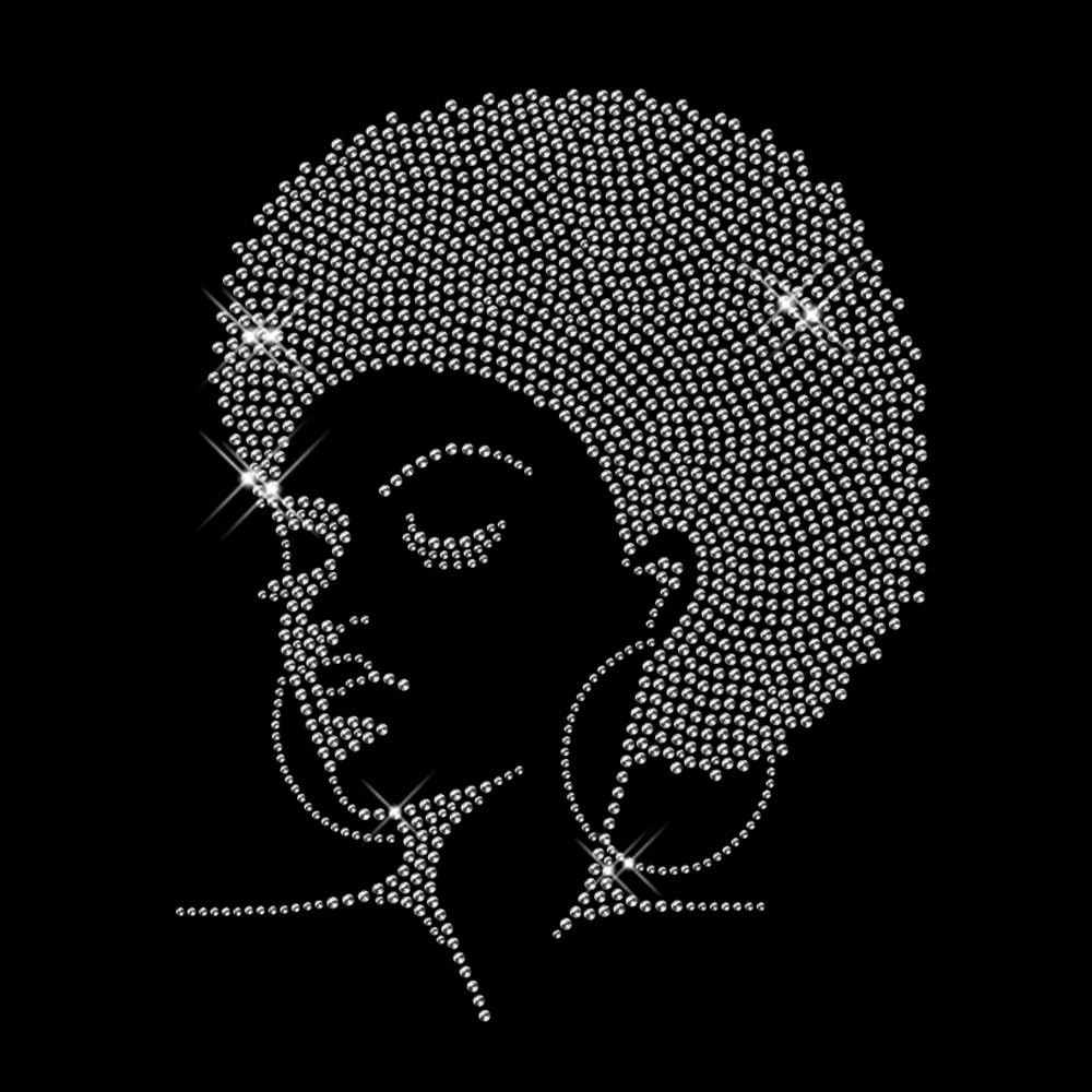 Shining African Lady Afro Girl Iron On Rhinestone Transfer 7.6" by 9.4"