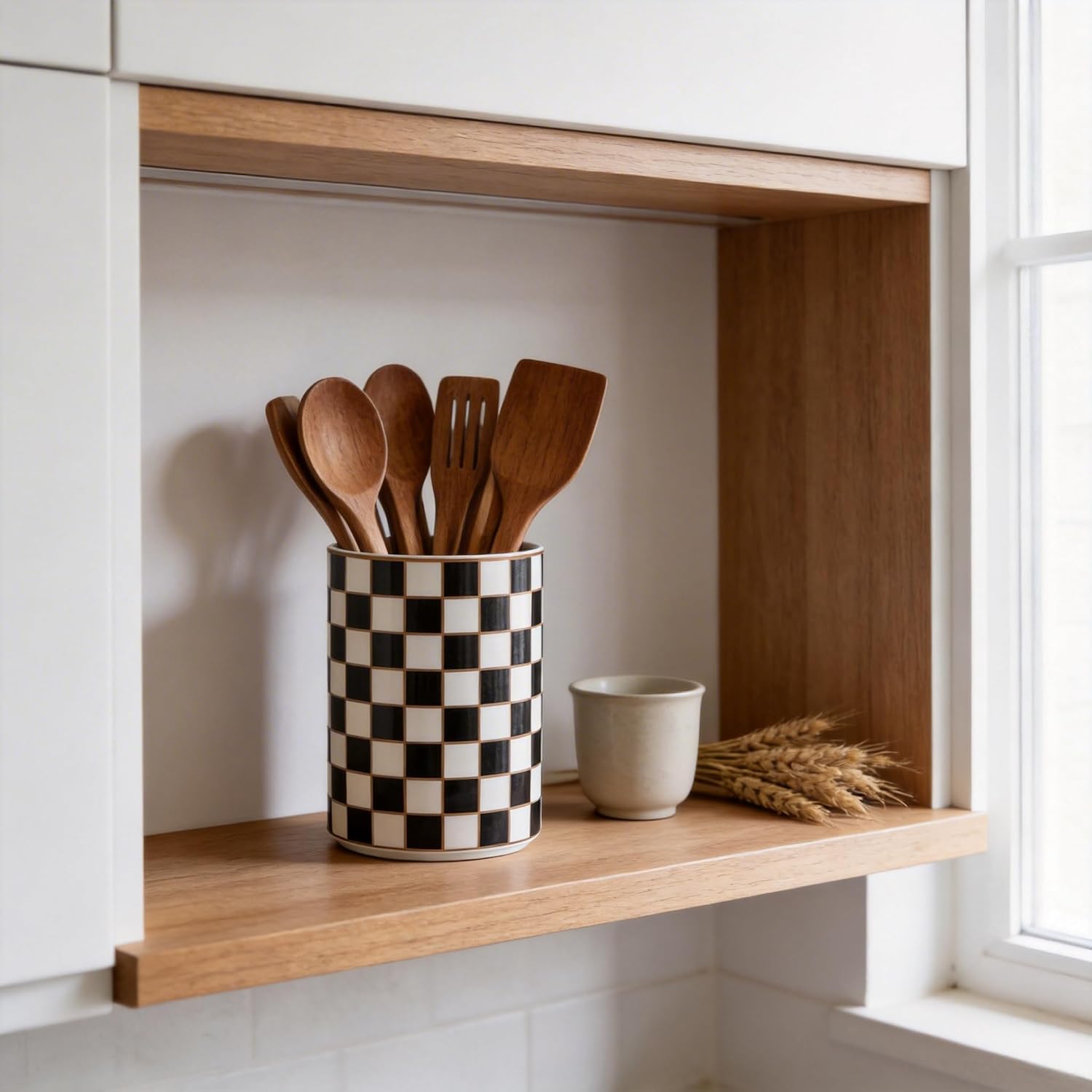Checkered Utensil Holder for Kitchen Counter,Ceramic Jar Canister Organizer Storage Container Checkered Kitchen Decor Accessories Countertop (Black)
