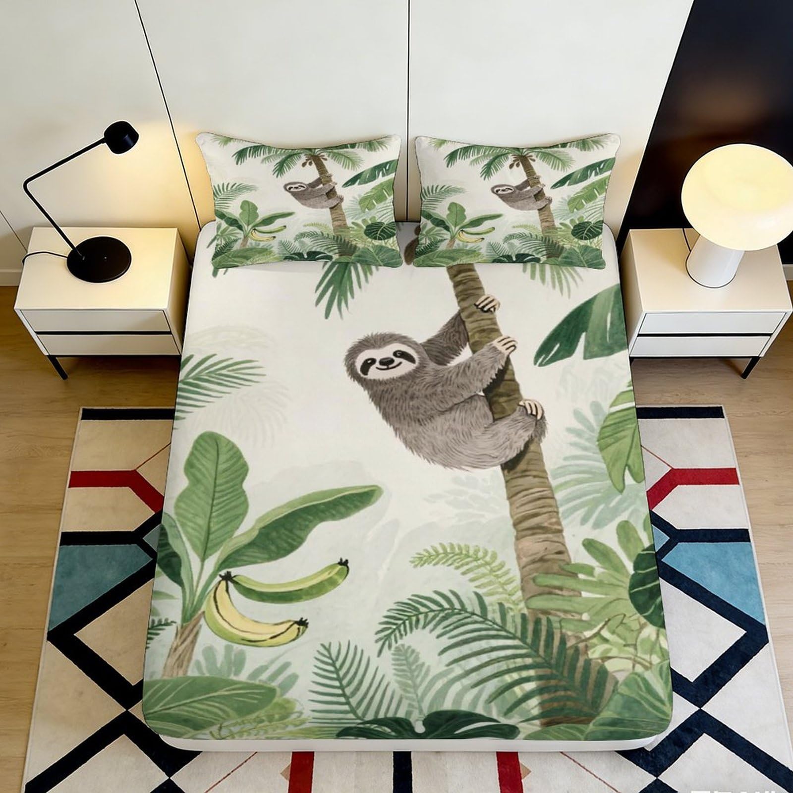 3D Printed Sloth Jungle Fitted Sheet Microfiber Soft Breathable Banana Leaf Bed Cover for Bedroom Dorm Decor 90x200x25cm