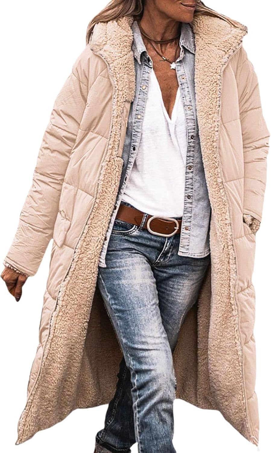 Womens Reversible Long Puffer Coat Sherpa Lined Hooded Winter Jacket