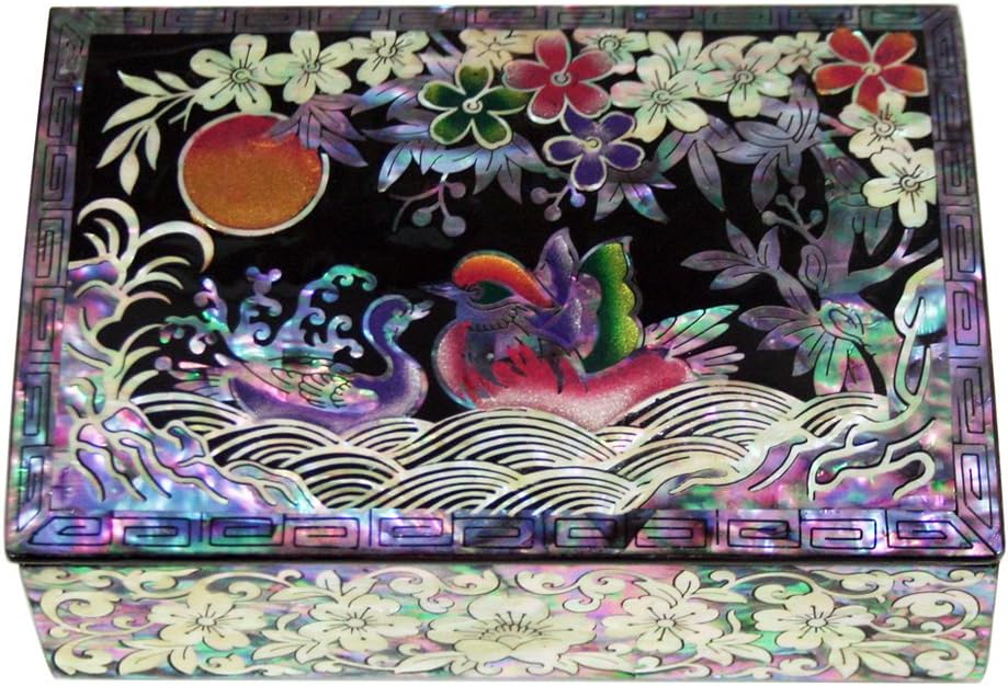 Mother of Pearl Wooden Desk Office Business Name Card Holder Case with Mandarin Ducks Design