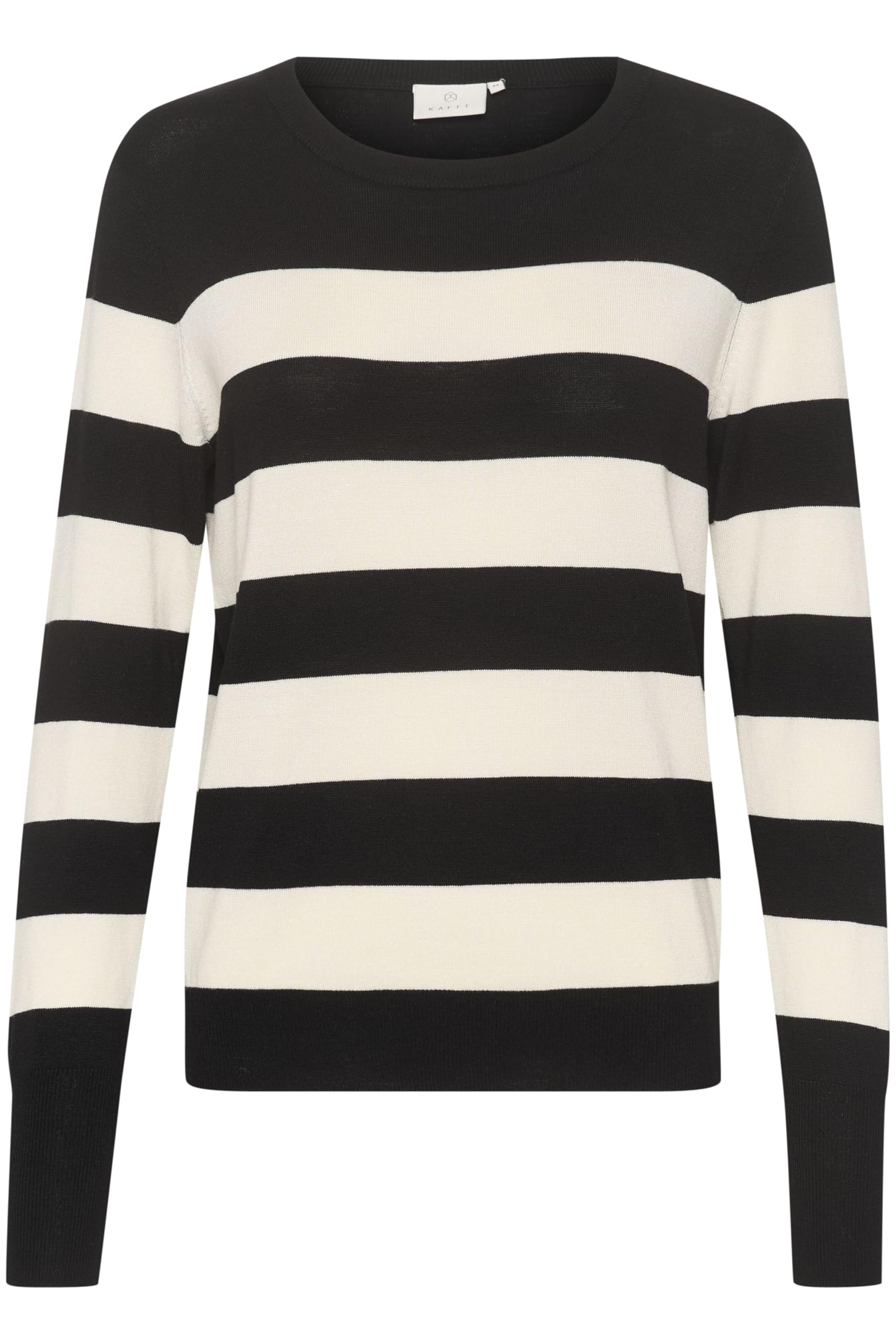 KAFFE Women's Pullover Slim Fit Crew Neck Striped Long Sleeves Tight Knit, Black/Turtledove Stripe, Medium