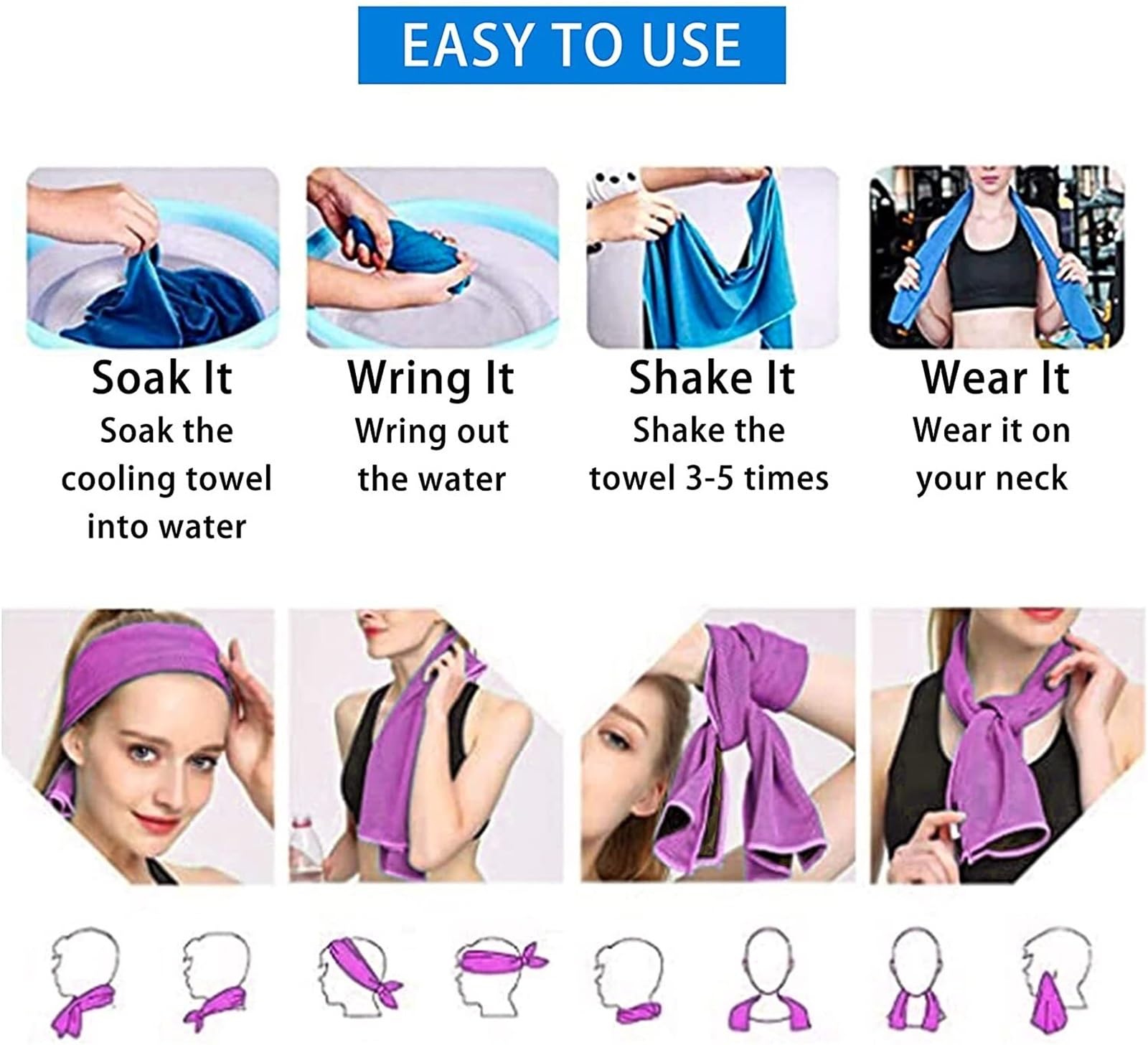 Lot de 10 Serviettes rafraîchissantes for Le Cou, en Microfibre, Douces et Respirantes, idéales for Sport, Yoga, la Salle ou l'extérieur(Purple,90x30cm)