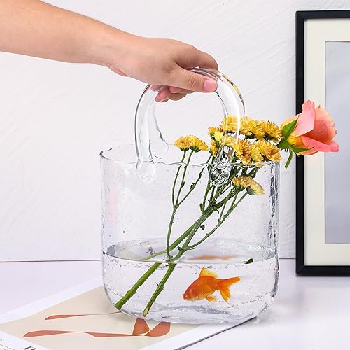 Miniatura 4 de Fixwal Florero de cristal para flores, florero transparente con asa y burbujas, 7.7 x 7.3 pulgadas, forma de bolsopecera, jarrones decorativos para