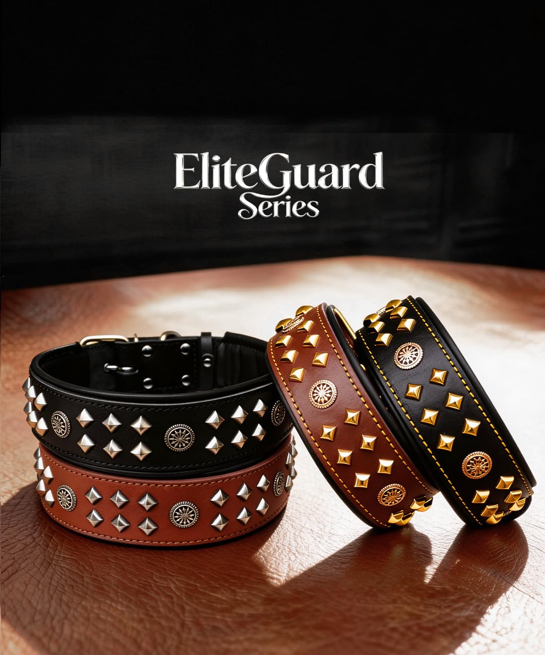 EliteGuard Skórzana obroża dla psa, szerokość 5,6 cm, ręcznie wykonana z ćwiekami i klamrą ze stali nierdzewnej, do codziennego użytku dla dużych psów (czarno-złota, 54,5-65 cm)