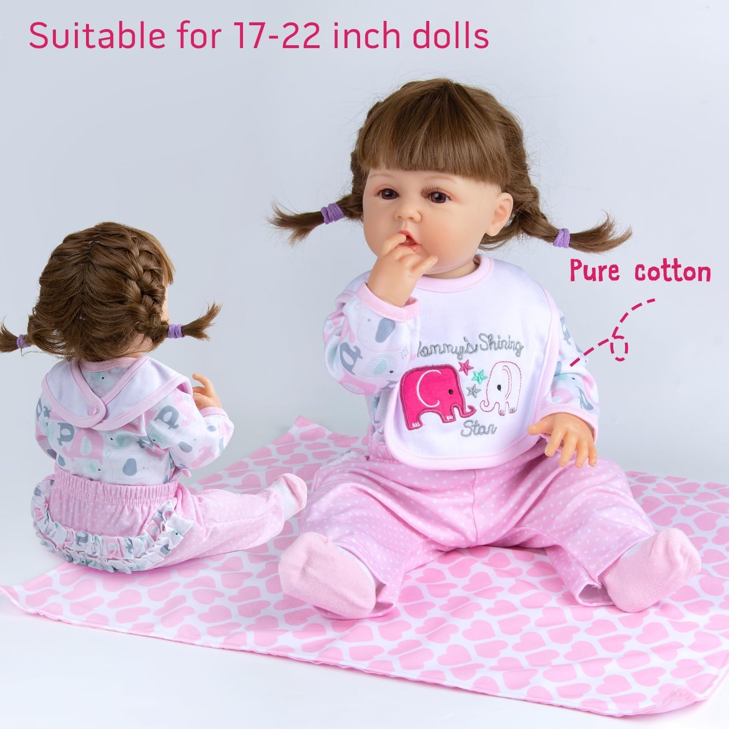 Pedolltree 12 Pcs Set Reborn Dolls Newborn Baby Girl Clothes Pink Elephant Outfit Accessories for 17-22 Inch Reborn Baby Dolls with Strawberry Backpack&Feeding Set