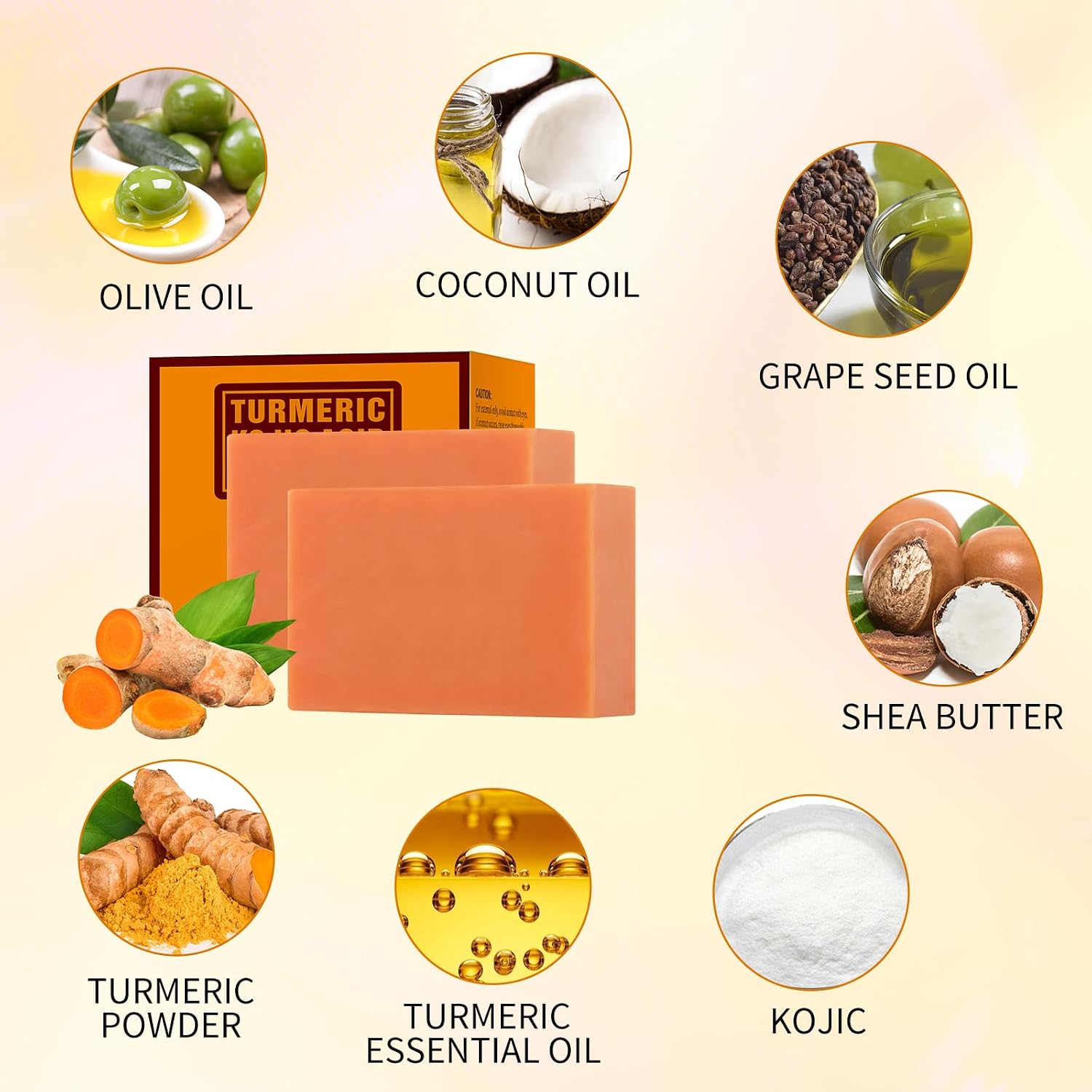 Turmeric Kojic Acid Soap Bar, Kojic Acid Soap for Face Body Hands, Deep Cleansing Natural Curcuma Bath Soaps Bar, Facial Cleanser Body Wash for Acne Blemish 2 Bars- 7OZ