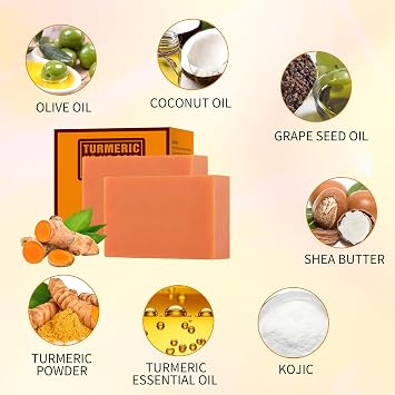 Turmeric Kojic Acid Soap Bar, Kojic Acid Soap for Face Body Hands, Deep Cleansing Natural Curcuma Bath Soaps Bar, Facial Cleanser Body Wash for Acne Blemish 2 Bars- 7OZ