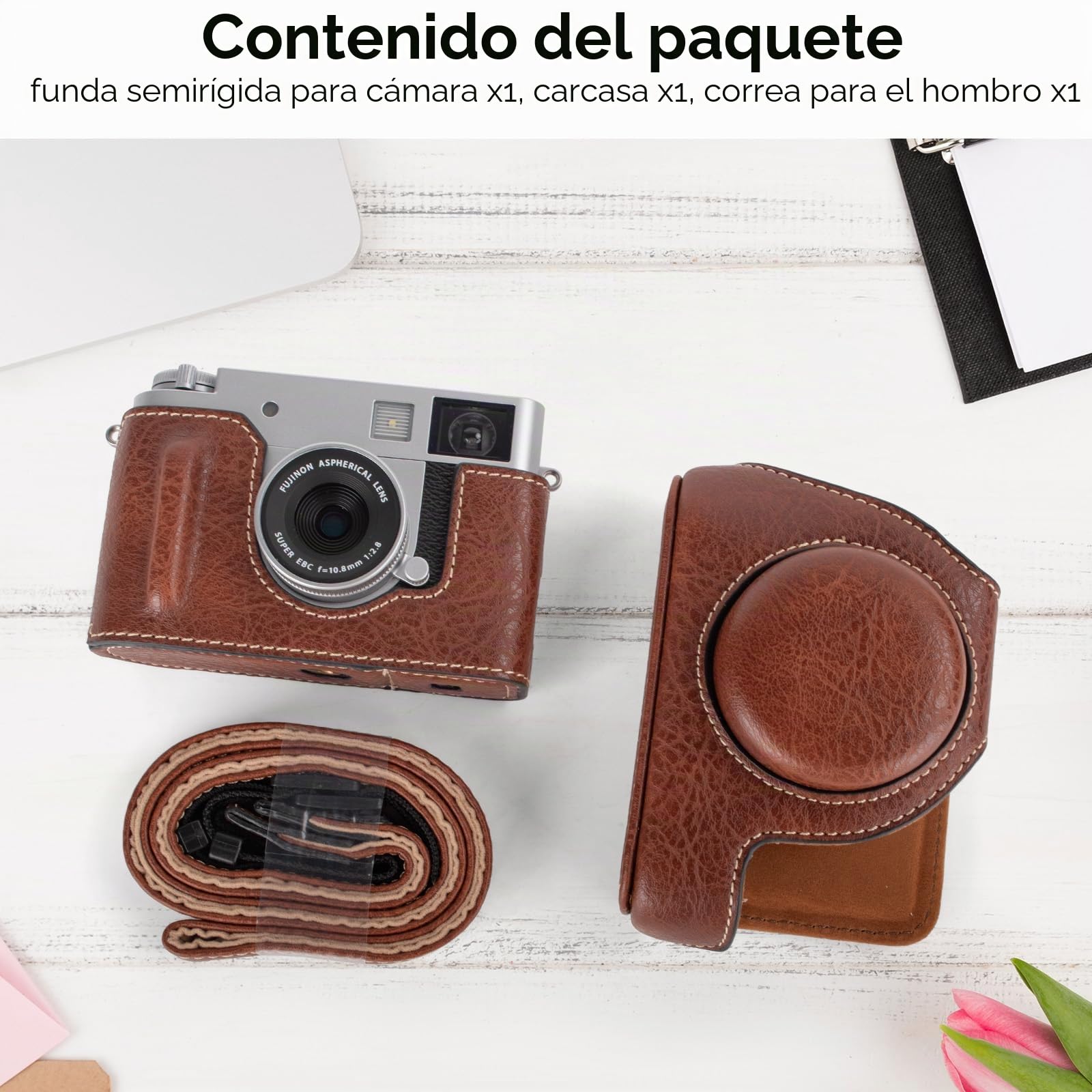 Rieibi X-Half Case, funda de piel sintética para cámara Fujifilm mitad sin espejo, funda protectora con correa de hombro ajustable, marrón
