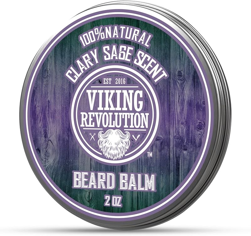 Viking Revolution Clary Sage Bálsamo para barba – Mantequilla para barba con aceite de argán, suavizante de barba para hombres con aceite de jojoba – Hidratante para barba para hombres con cera de abejas – Cera para barba para hombres (2 oz, 1 paquete)