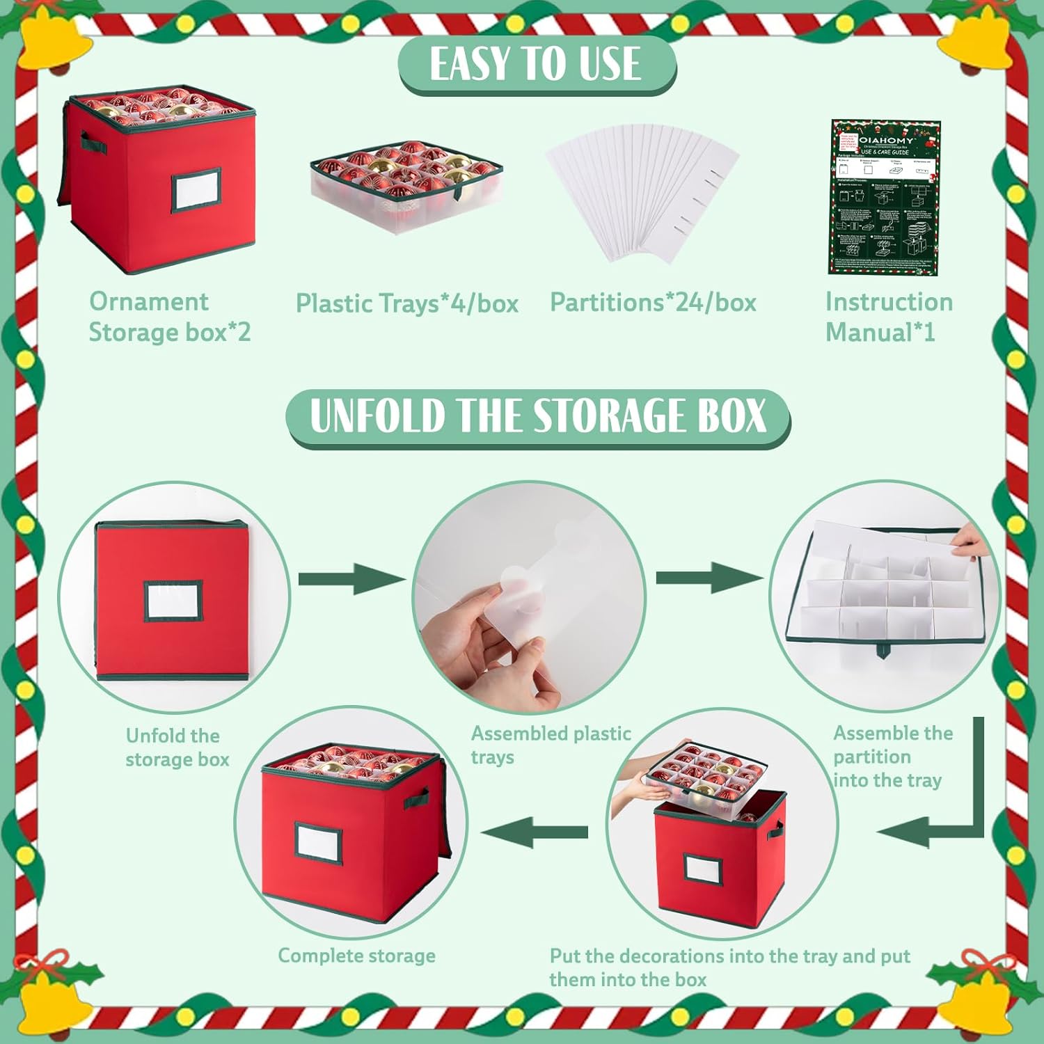 OIAHOMY 2 Pack Ornament Storage Box with Handle, Each Ornament Storage Holds 64 Balls, Christmas Decoration Box Include Plastic Trays and Zip-Lock Lid, Made of 600D Oxford Fabric - Red - Image 6