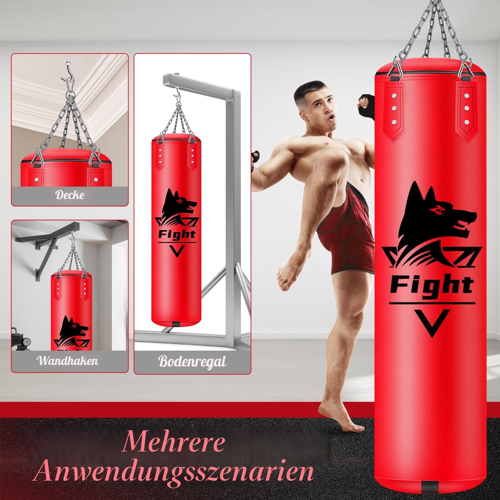Hängendes Boxsack Set Ungefüllt für Erwachsene- Mikrofaser Leder Boxsack mit Komplett Zubehör, Stabiler Sandsack für Kickboxen, MMA, Grappling, Muay Thai, Fitness– Indoor & Outdoor