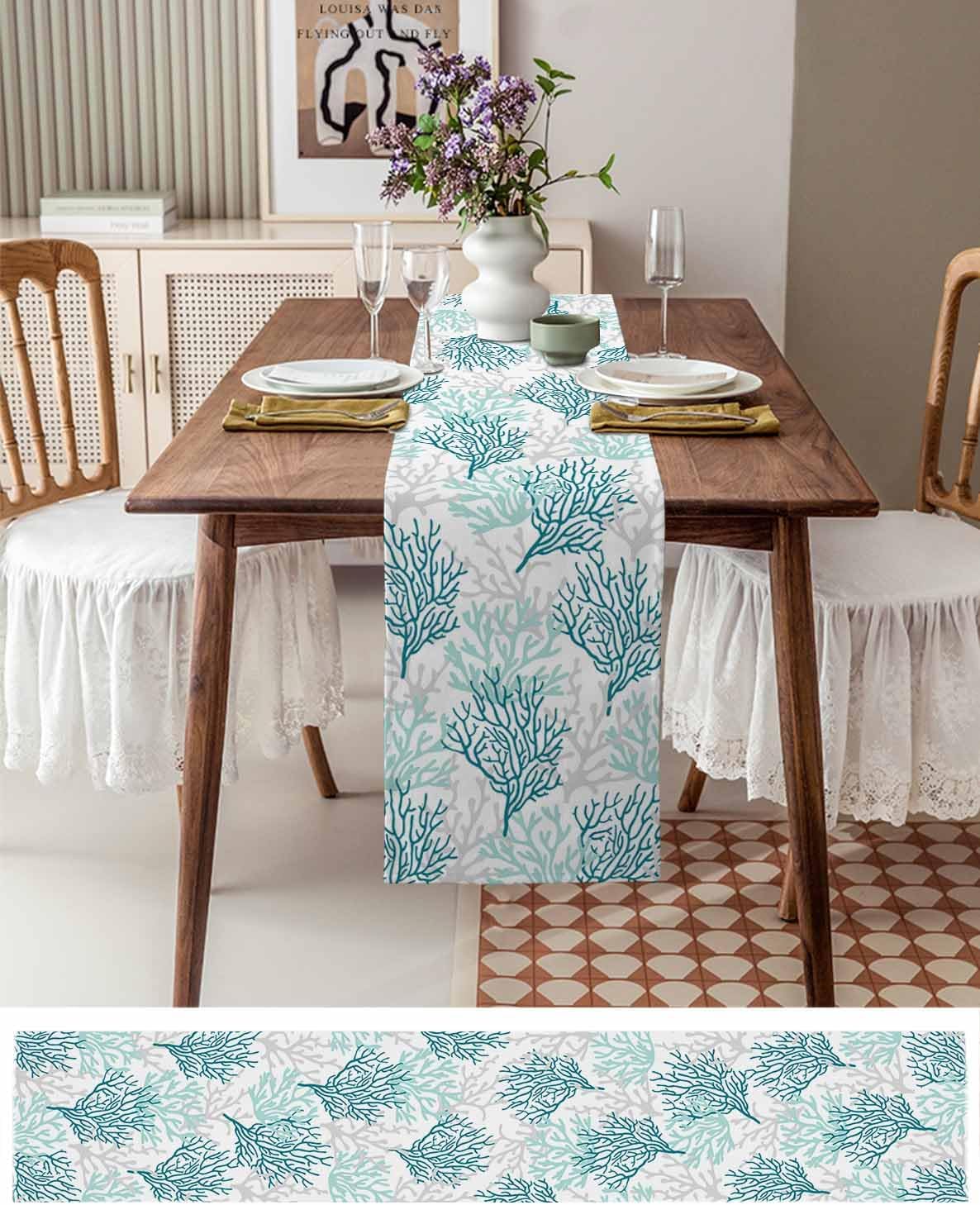 Teal Grey Coral Coastal Cotton Linen Rectangle Table Runners 13"x120", Summer Beach Seaside Nautical Coffee Table Runner Dresser Scarves Luxury Table Runners for Wedding Party Banquet Dinner Decor