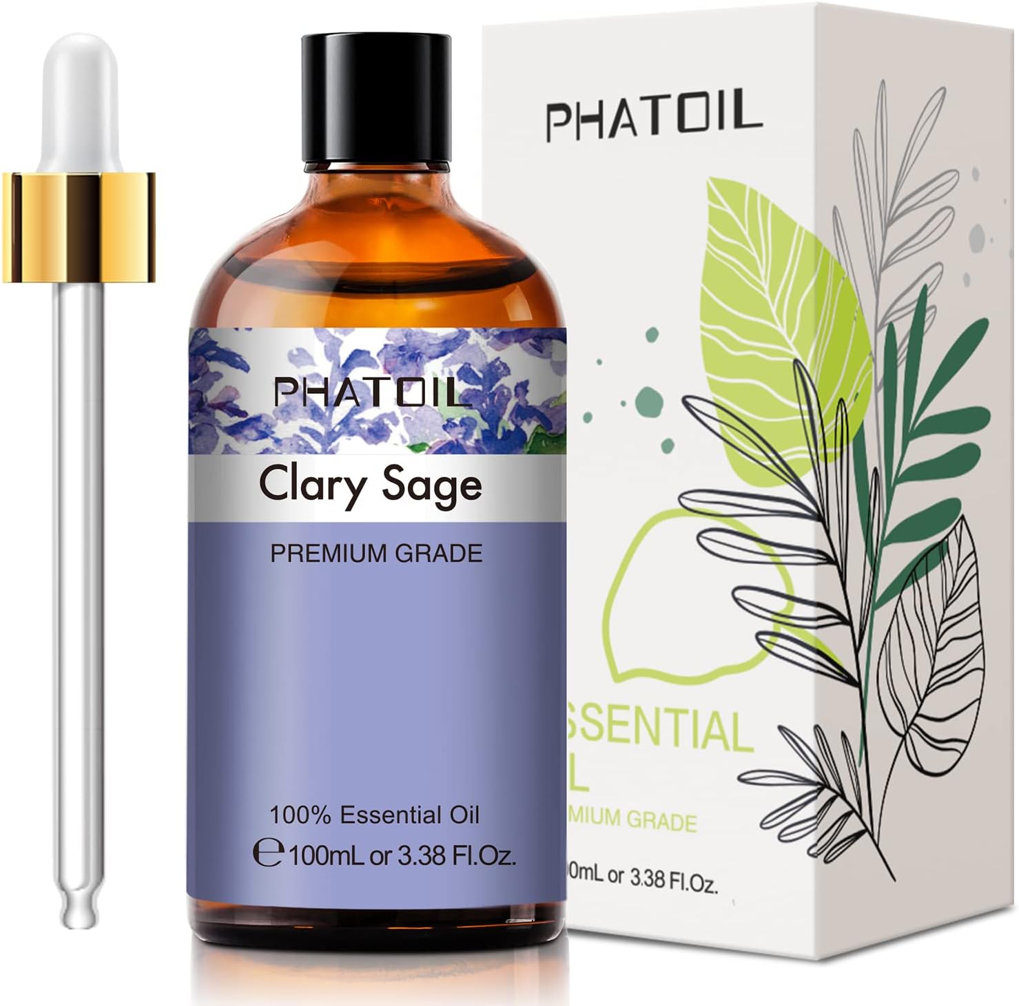 PHATOILClary Sage Essential Oil 100ML, Pure Premium Grade Clary Sage Essential Oils for Diffuser, Humidifier, Aromatherapy, Candle Making