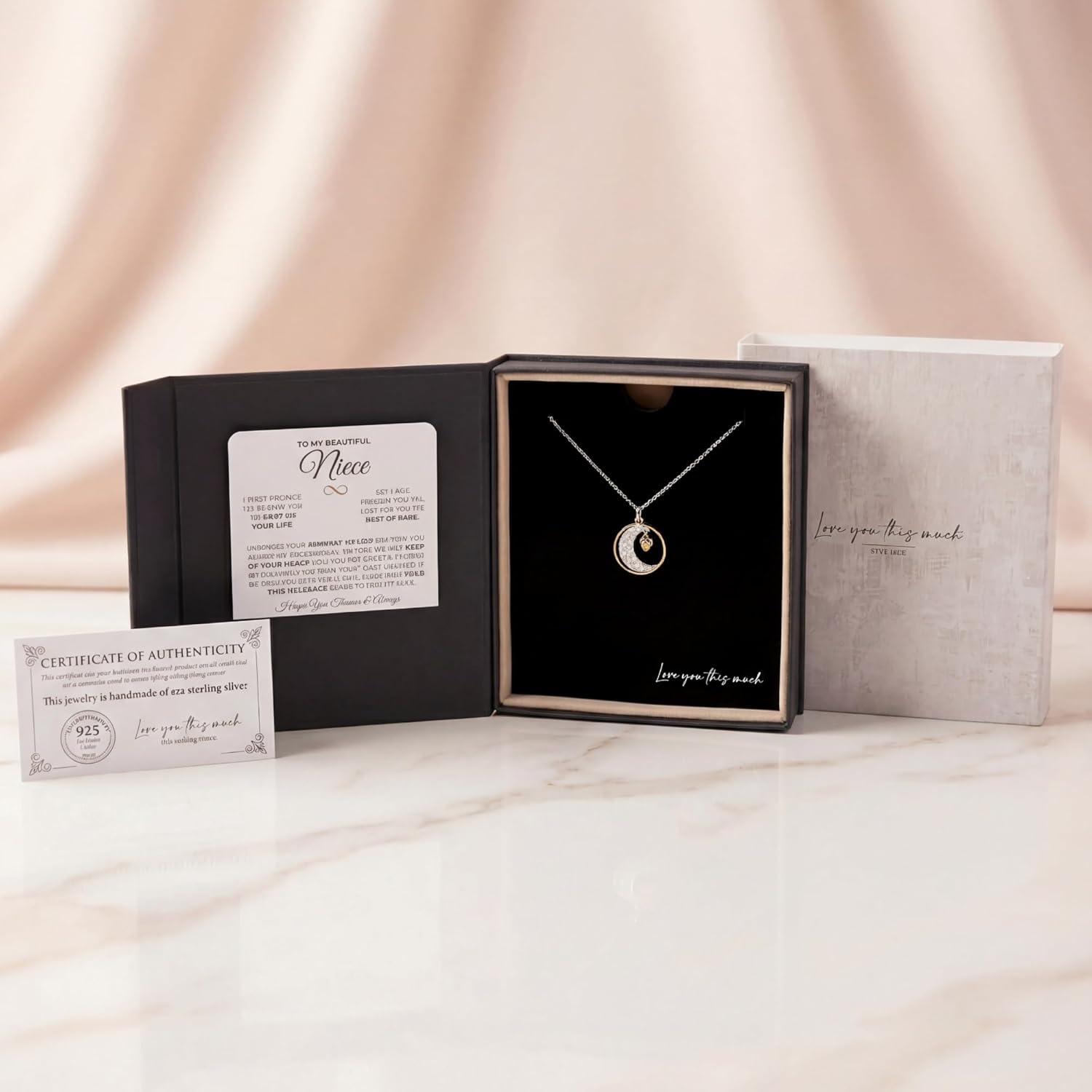Love You This Much Niece Moon & Back Necklace | .925 Sterling Silver | Christmas Gift for Nieces Birthday Present | 16-19" Adjustable | Luxury Box & Card