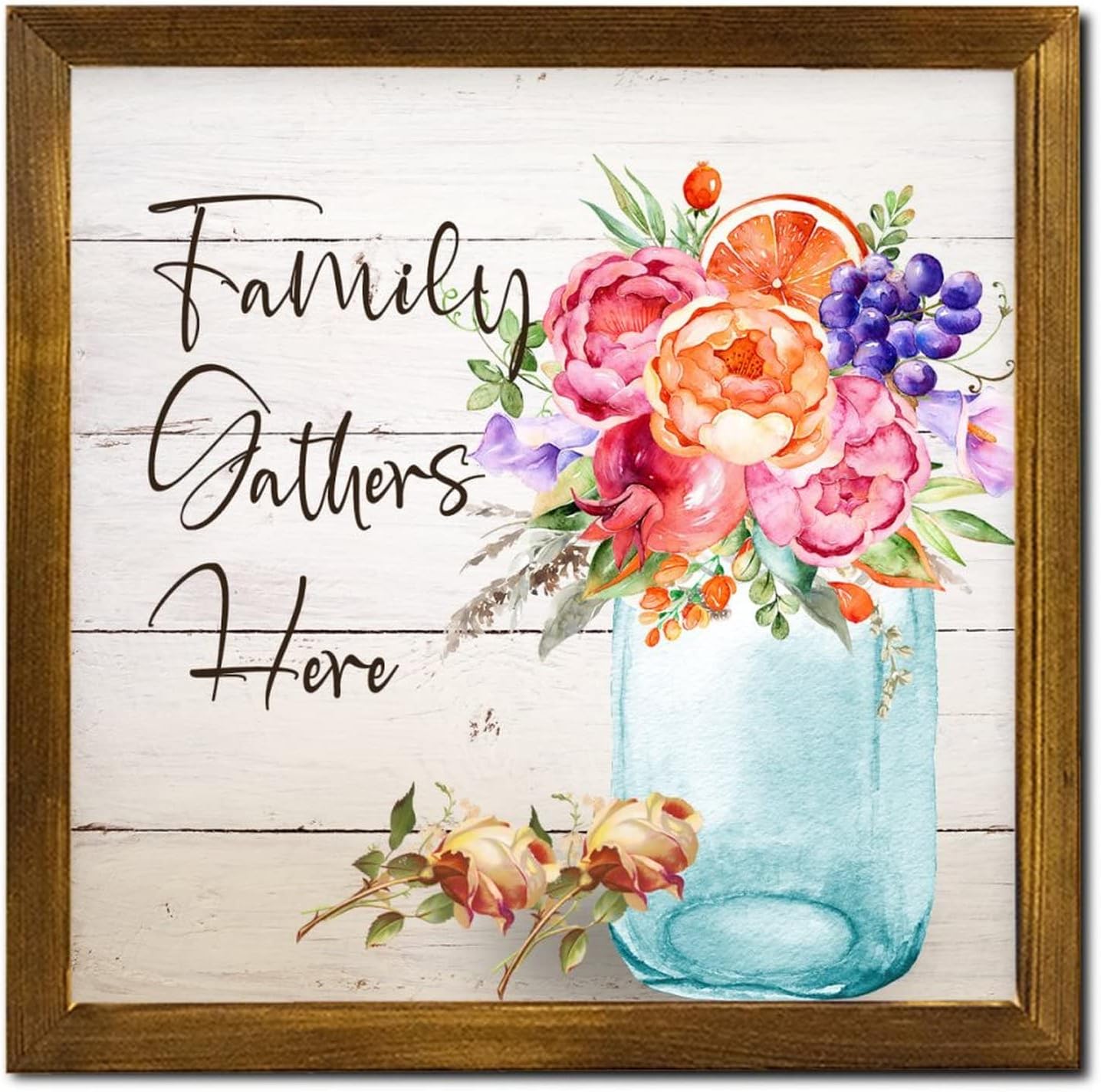 Family Gathers Here Framed Wooden Signs Spring Rose Flower in Kettle Wood Plank Hanging Sign Classic Summer Floral Wall Decor Farmhouse Rustic Wooden for Women Office Bathroom Shelf Decor 12x12 inch