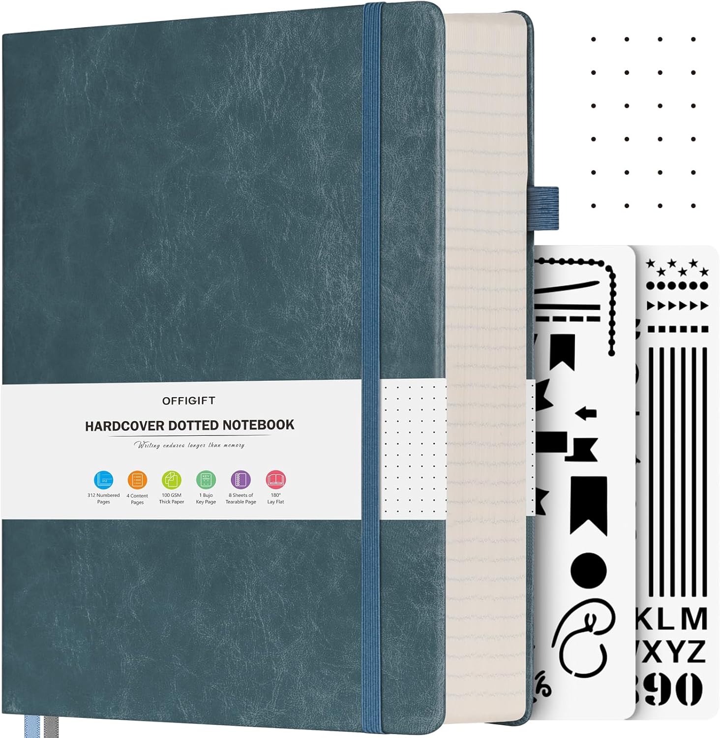 Dotted Journal Notebook, 312 Numbered Pages Large B5 Hardcover Leather Notebook, 100gsm No Bleed Paper Dot Grid Notebook with Index Pages, Dot Journal for Women Men, 7.6” X 10”, Grey Blue