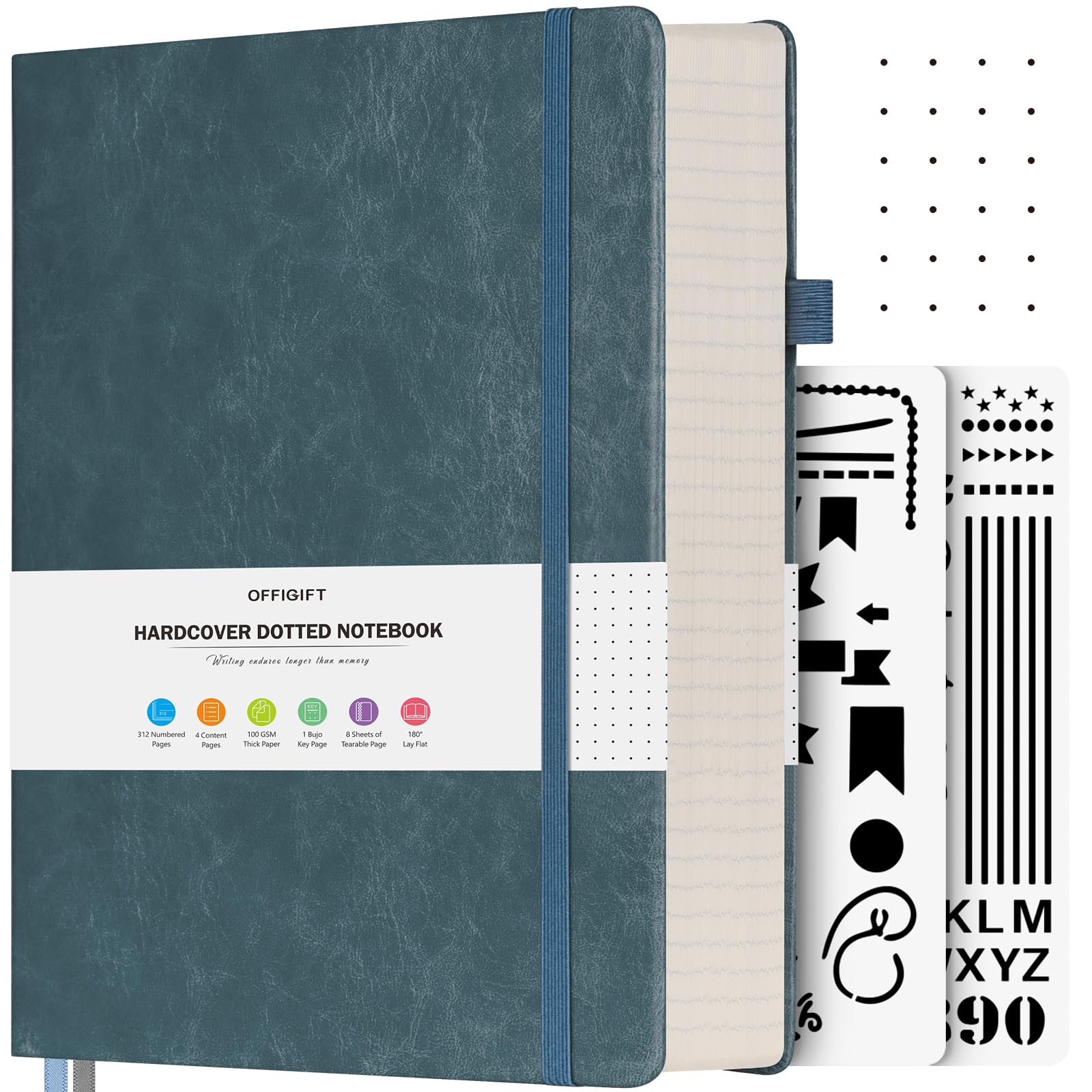 Dotted Notebook, 312 Numbered Pages Large B5 Hardback Leather Notebook, 100gsm No Bleed Paper Dot Grid Notebook with Index Pages, Dotted Journal for Bullet Journaling, 19.3 x 26.4cm, Grey Blue
