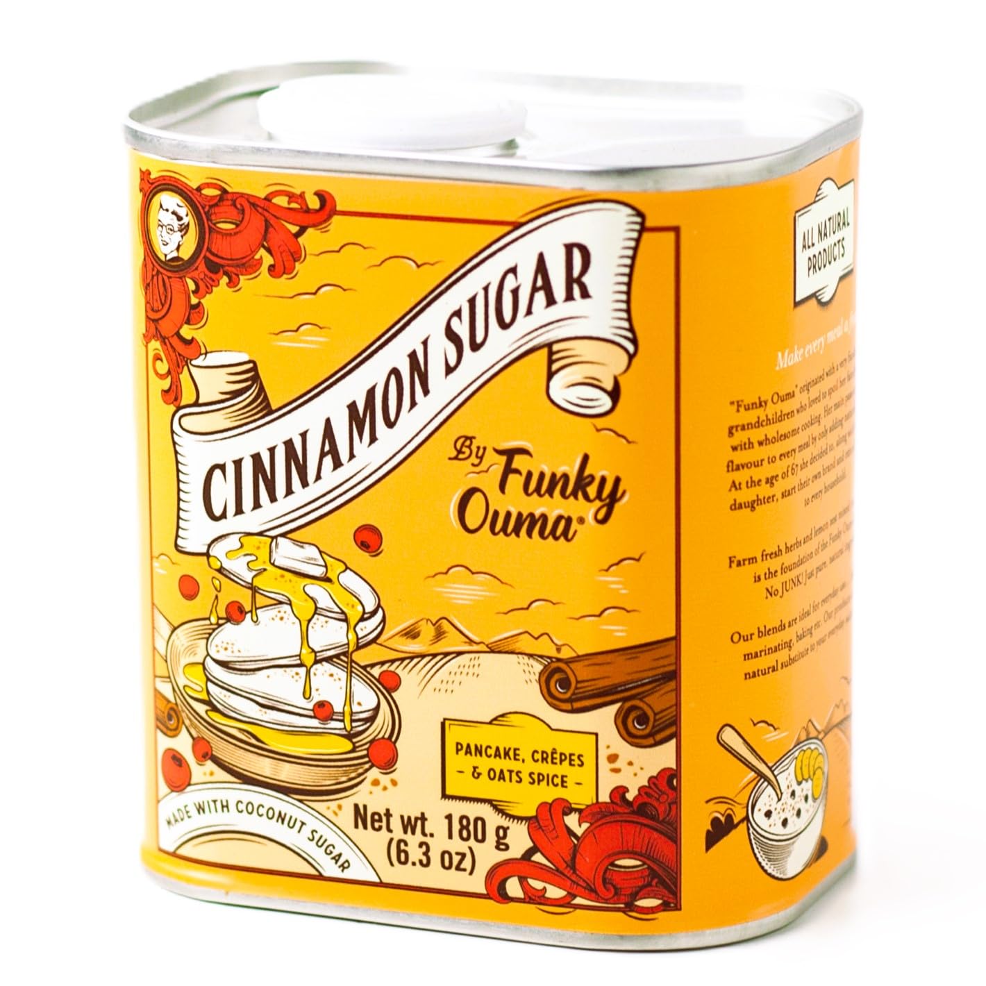 Funky Ouma Zimt Zucker 180g – Premium Kokosblütenzucker mit Zimt, Muskat & Zitronenzeste – Natürliches Gewürzzucker Topping für Pancakes, Porridge, Smoothies, Cappuccino & Chai Tee